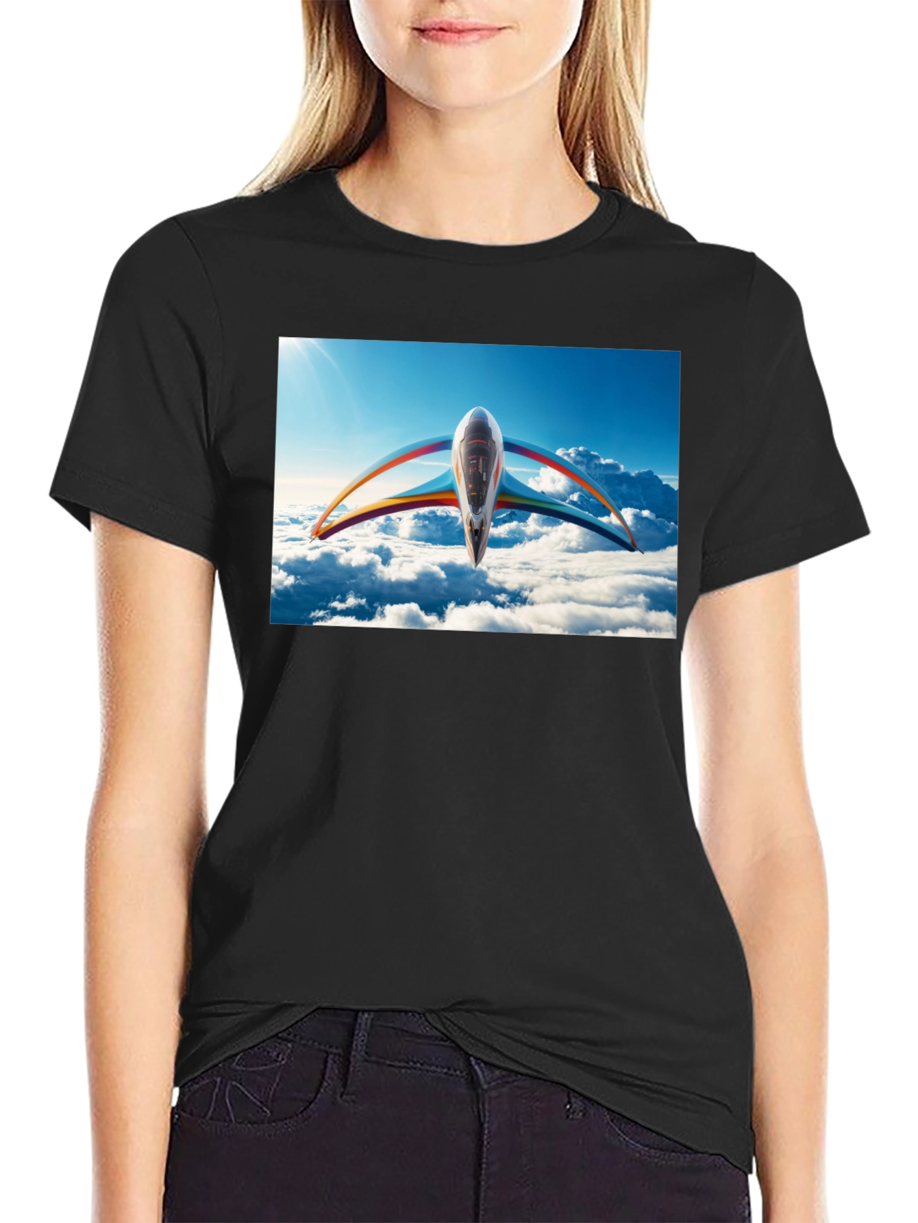 Black Futuristic Plane Graphic T-Shirt view 2