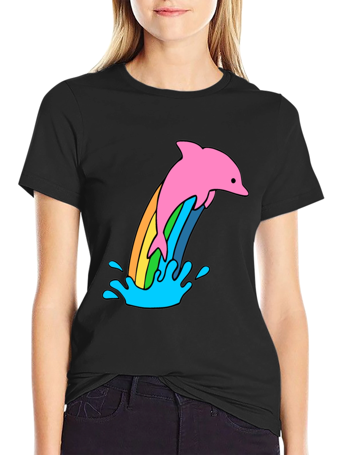 Black Rainbow Dolphin Black T-Shirt view 2