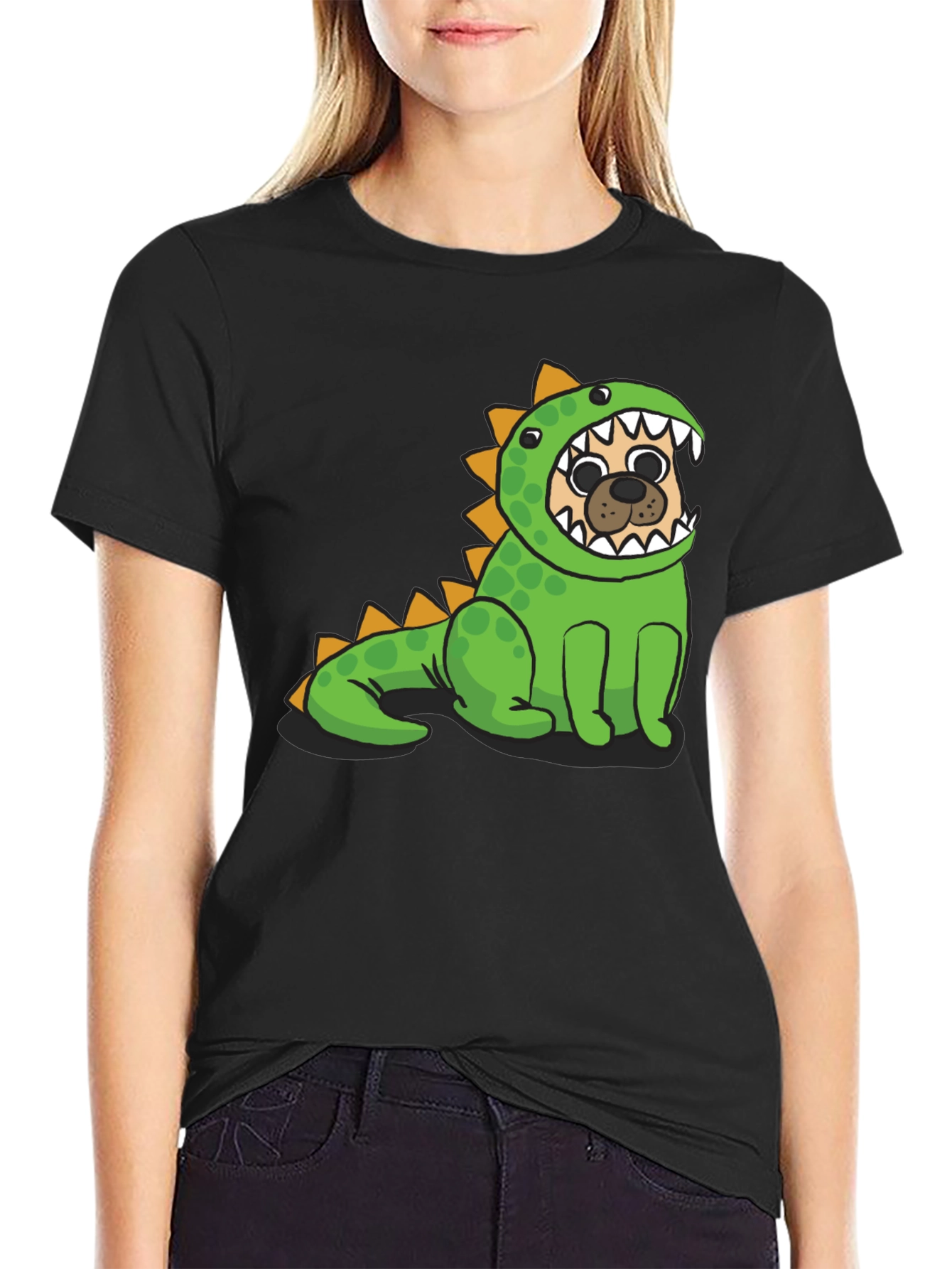 Black Pug in Dino Costume Graphic T-Shirt view 2