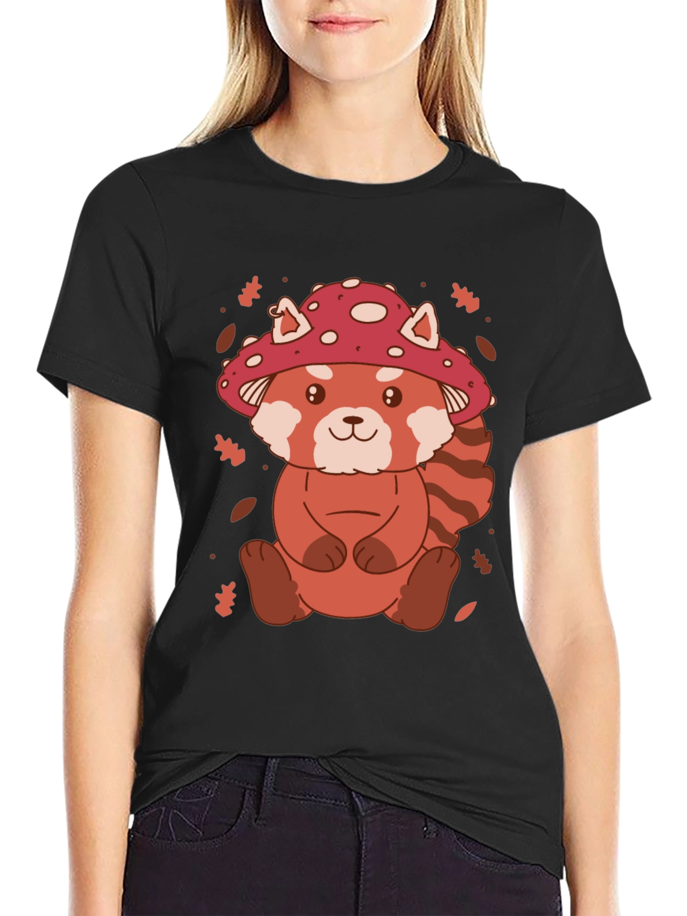 Black Mushroom Red Panda Graphic Tee view 2