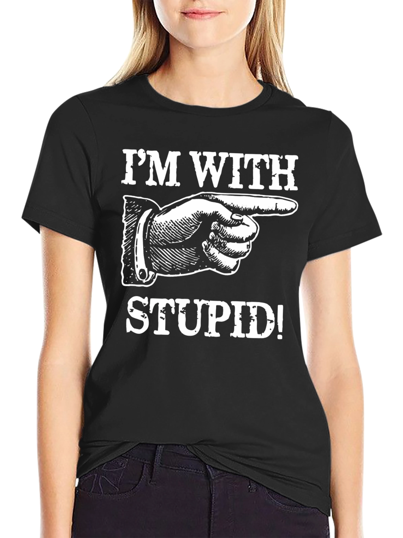 Black I'm With Stupid Graphic T-Shirt - Pointing Finger Design view 2