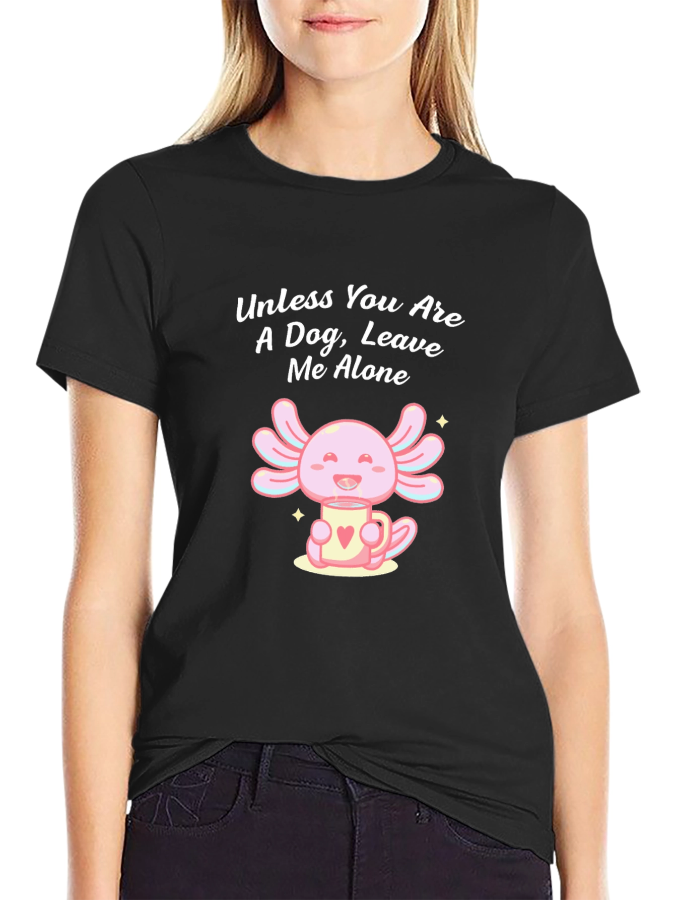 Black Axolotl & Coffee Mug T-Shirt - Leave Me Alone If Not a Dog view 2