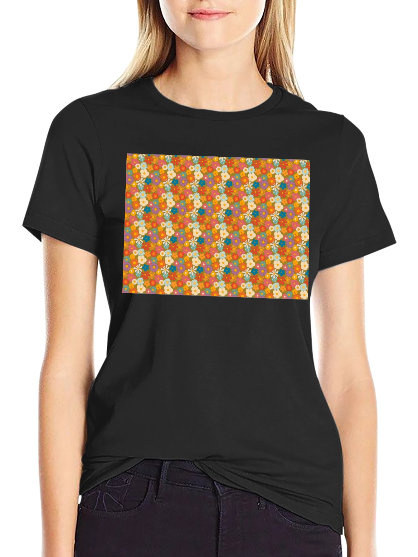 Black Retro Floral Print Black T-Shirt view 2
