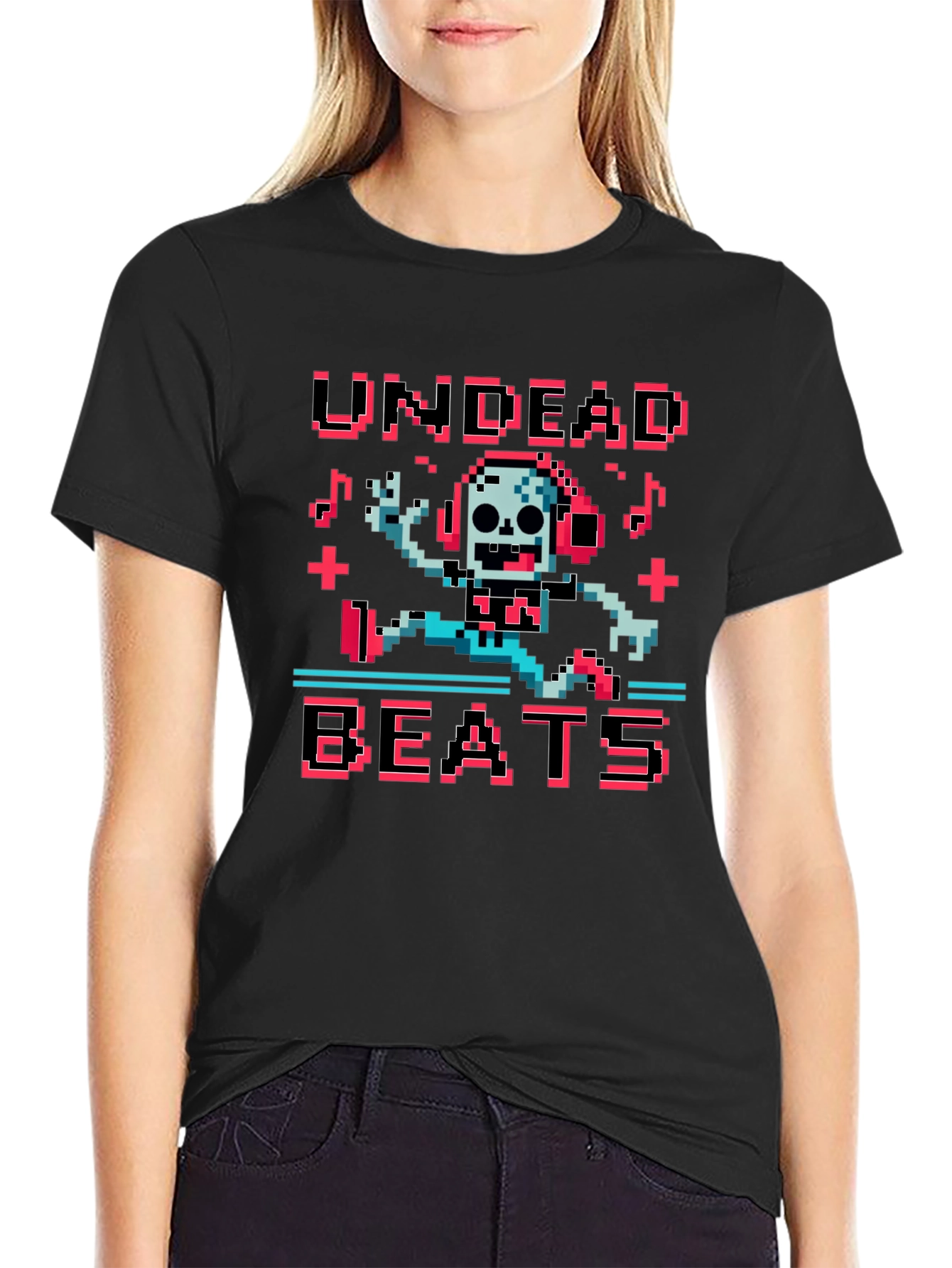 Black Undead Beats Pixel Art Graphic T-Shirt view 2