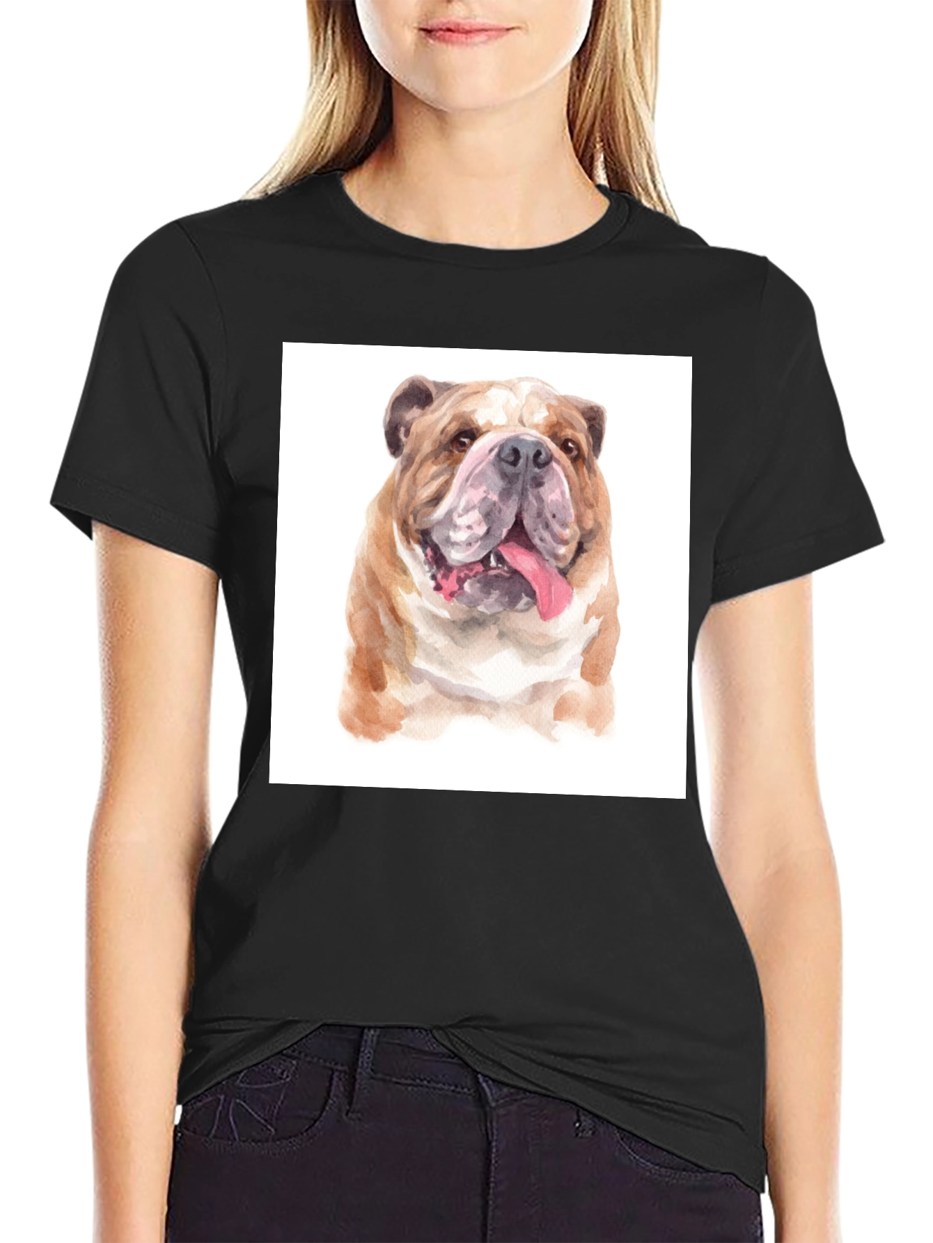 Black Bulldog Watercolor Graphic Tee - Black Cotton Blend view 2