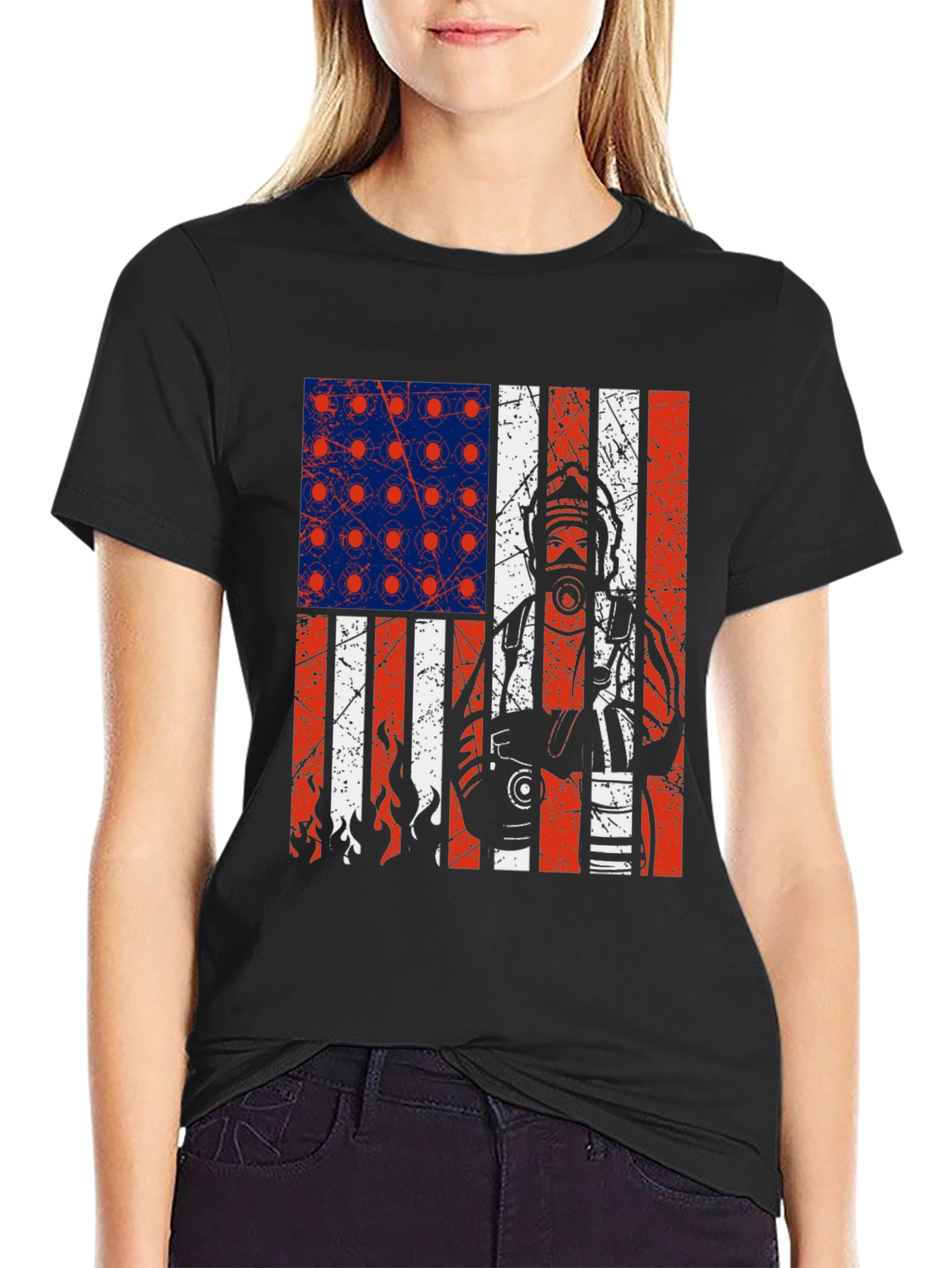 Black Firefighter American Flag Graphic T-Shirt view 2