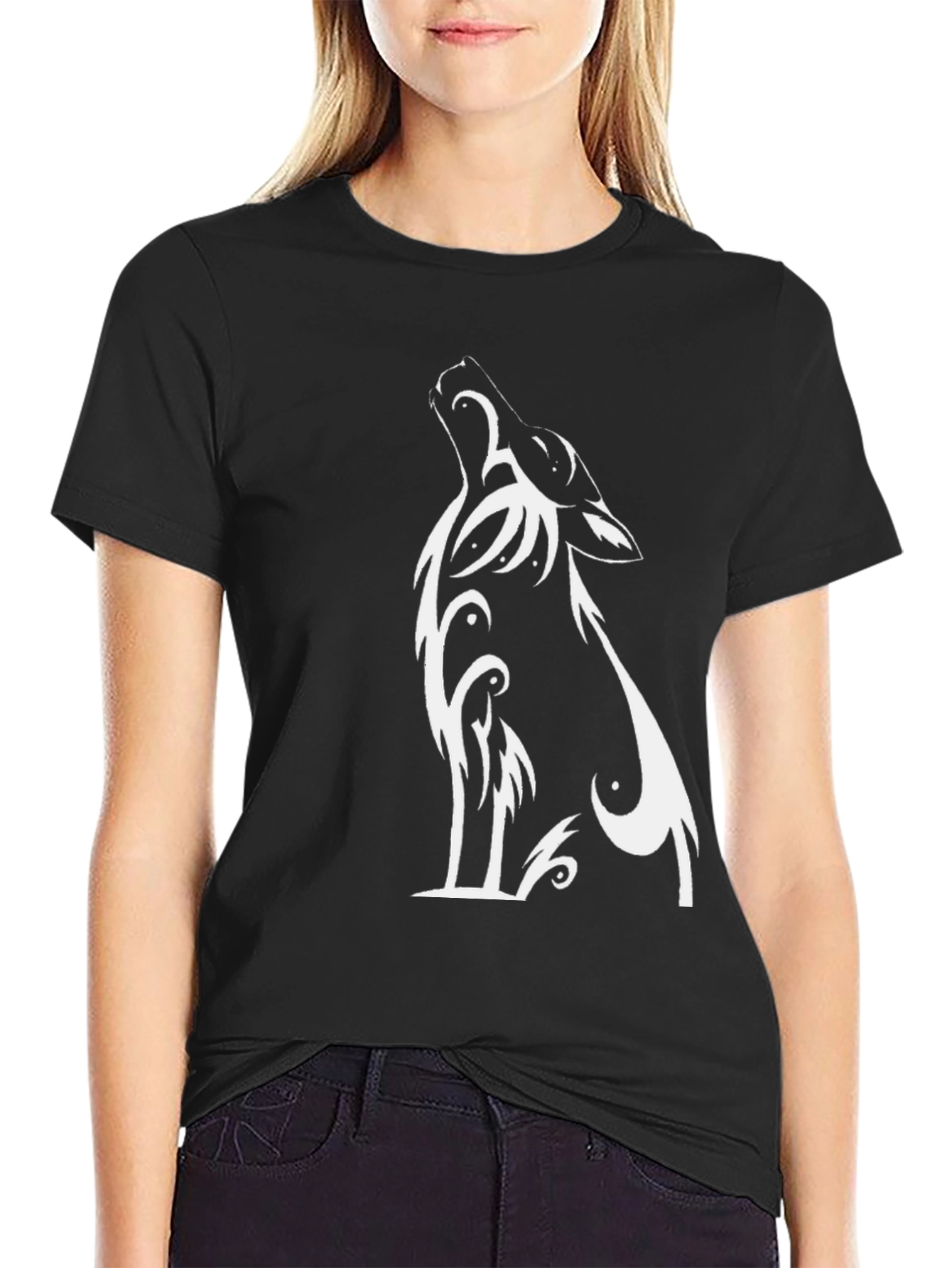 Black Tribal Wolf Graphic T-Shirt - Men's Black Tee view 2