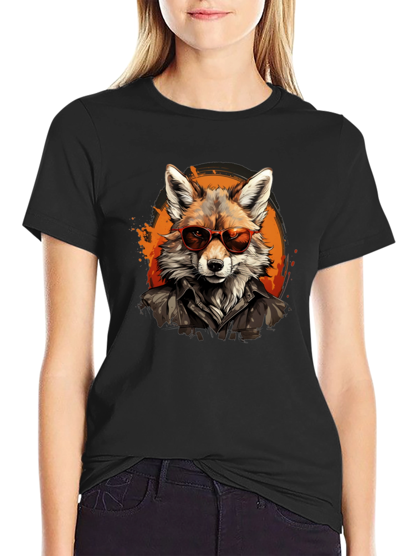Black Cool Fox Graphic Tee - Trendy Animal T-Shirt view 2