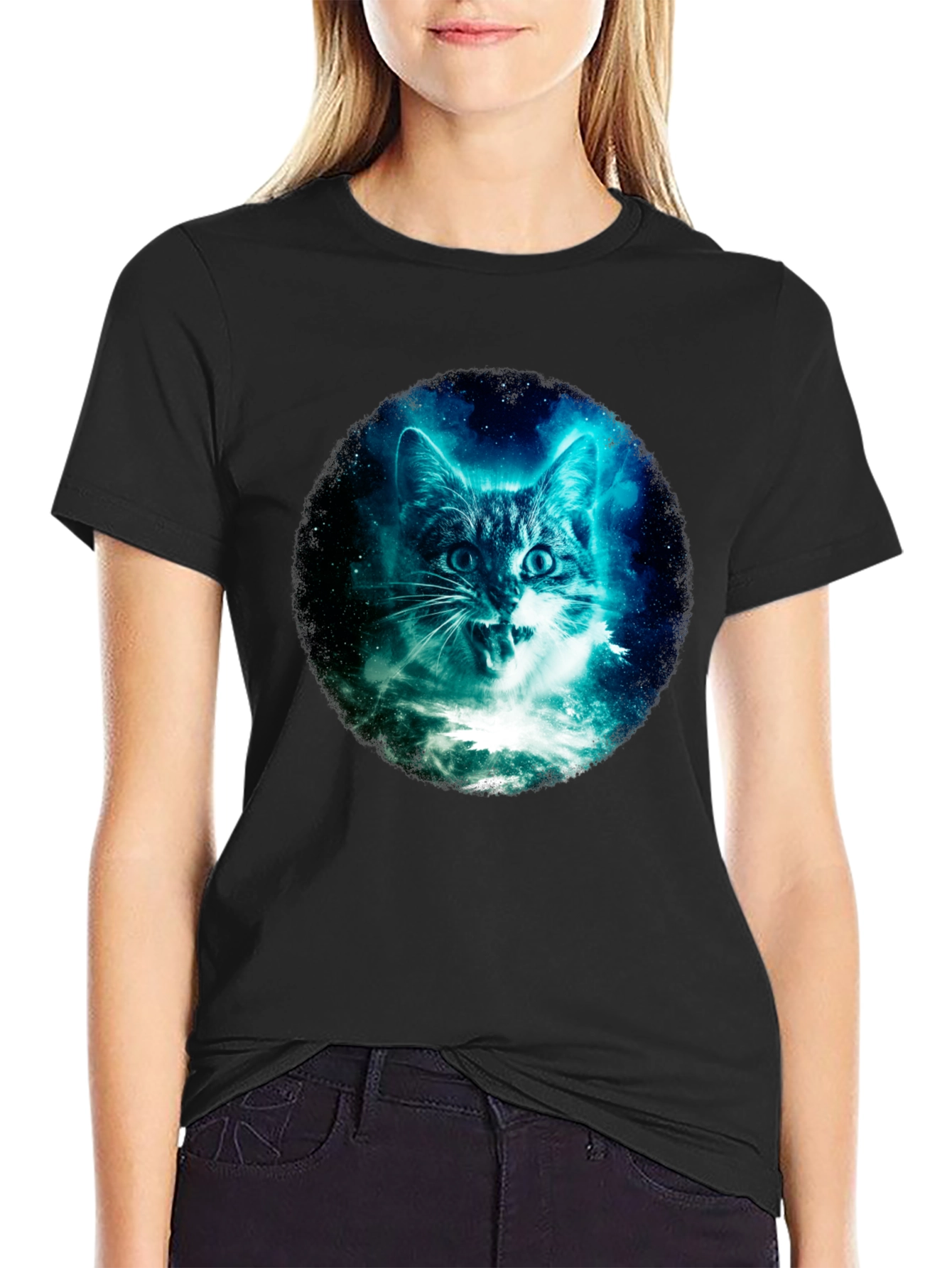 Black Galaxy Cat Graphic Tee - Black Cotton T-Shirt view 2