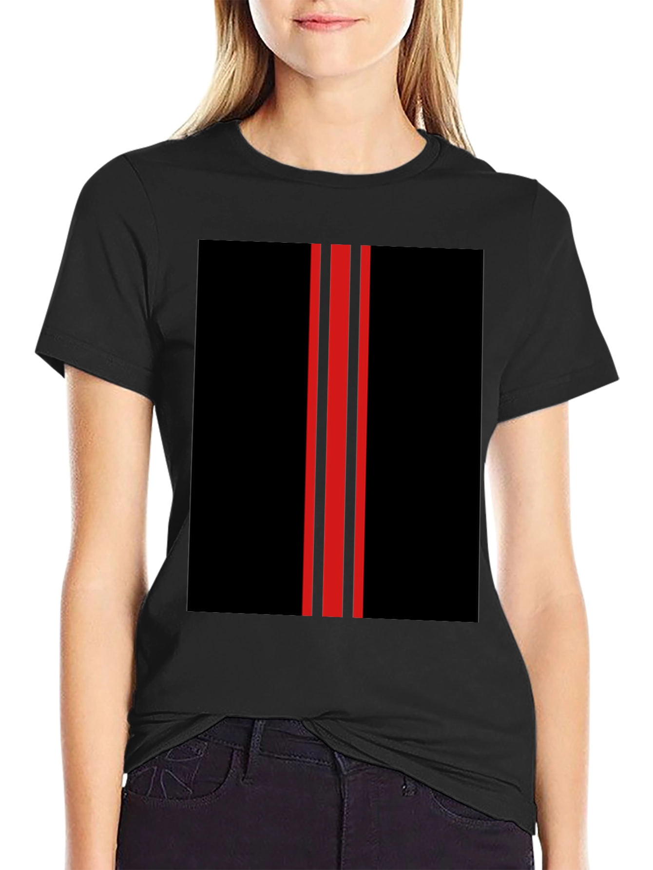 Black Black T-Shirt with Red Racing Stripes Design view 2