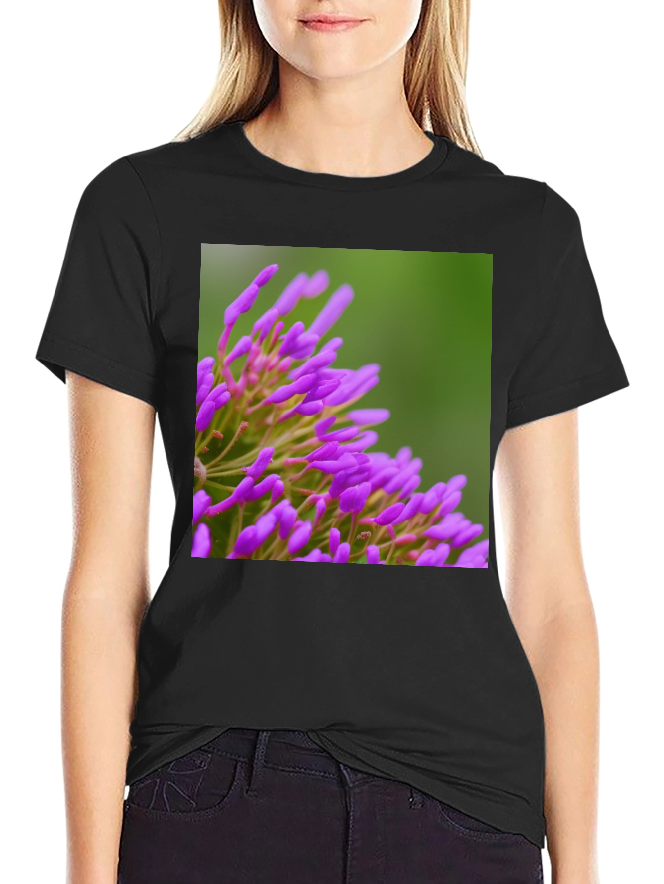 Black Purple Floral Print Black T-Shirt view 2