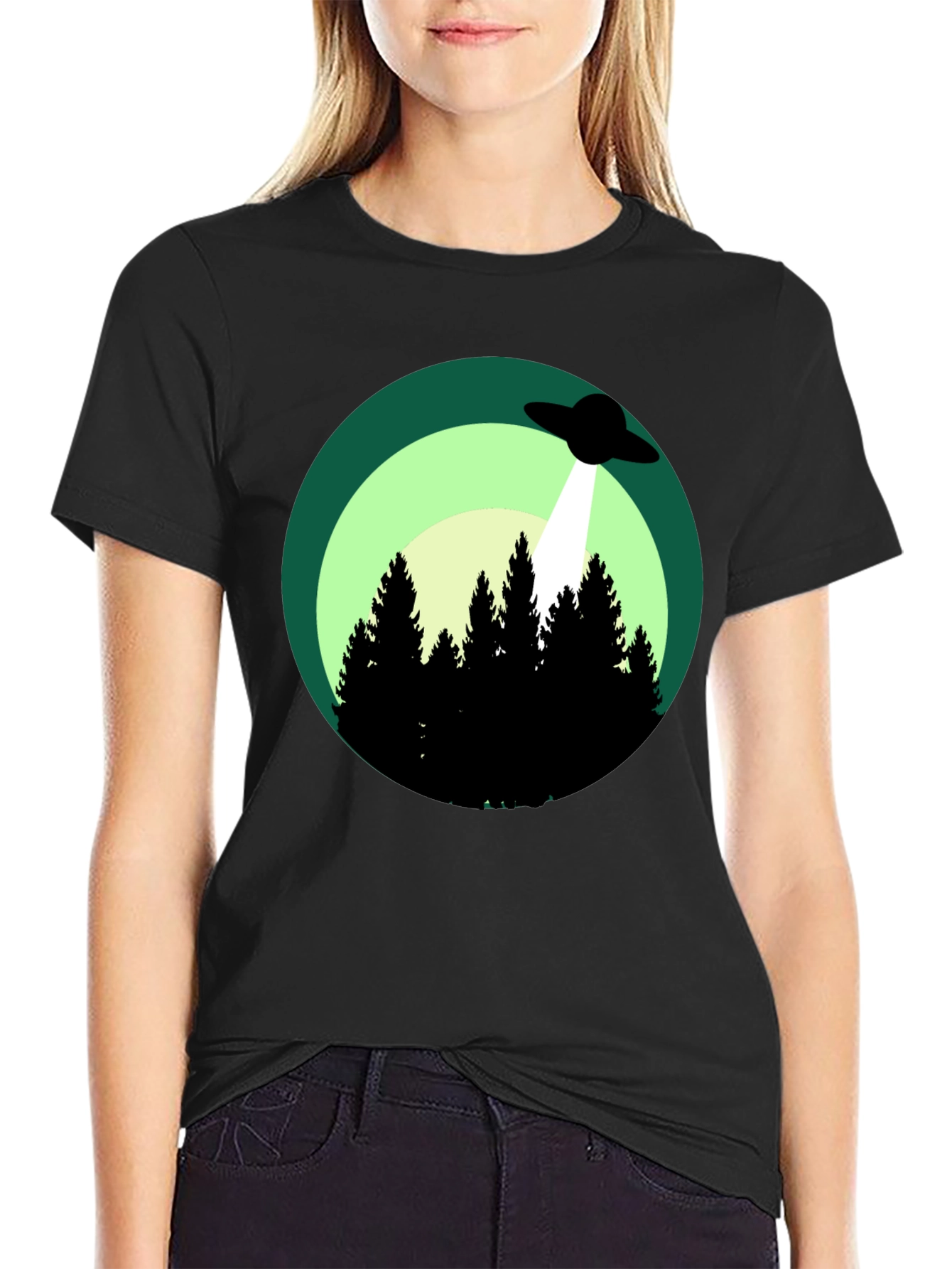 Black UFO Abduction Graphic Tee - Forest Scene Black T-Shirt view 2