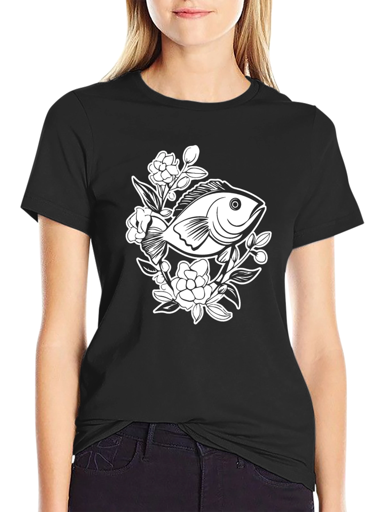 Black Black T-Shirt with Floral Fish Graphic view 2