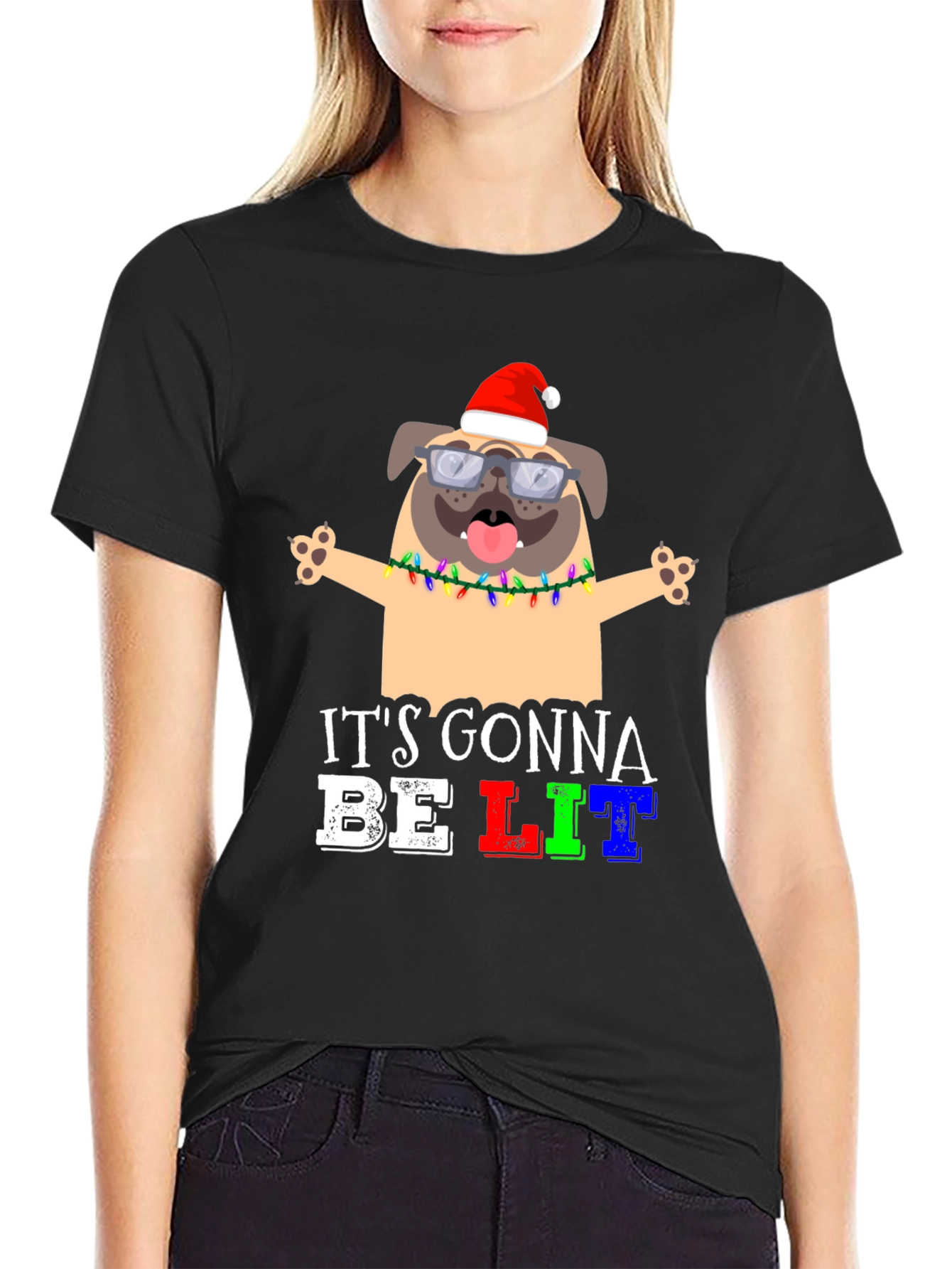 Black It's Gonna Be Lit Pug Christmas T-Shirt view 2