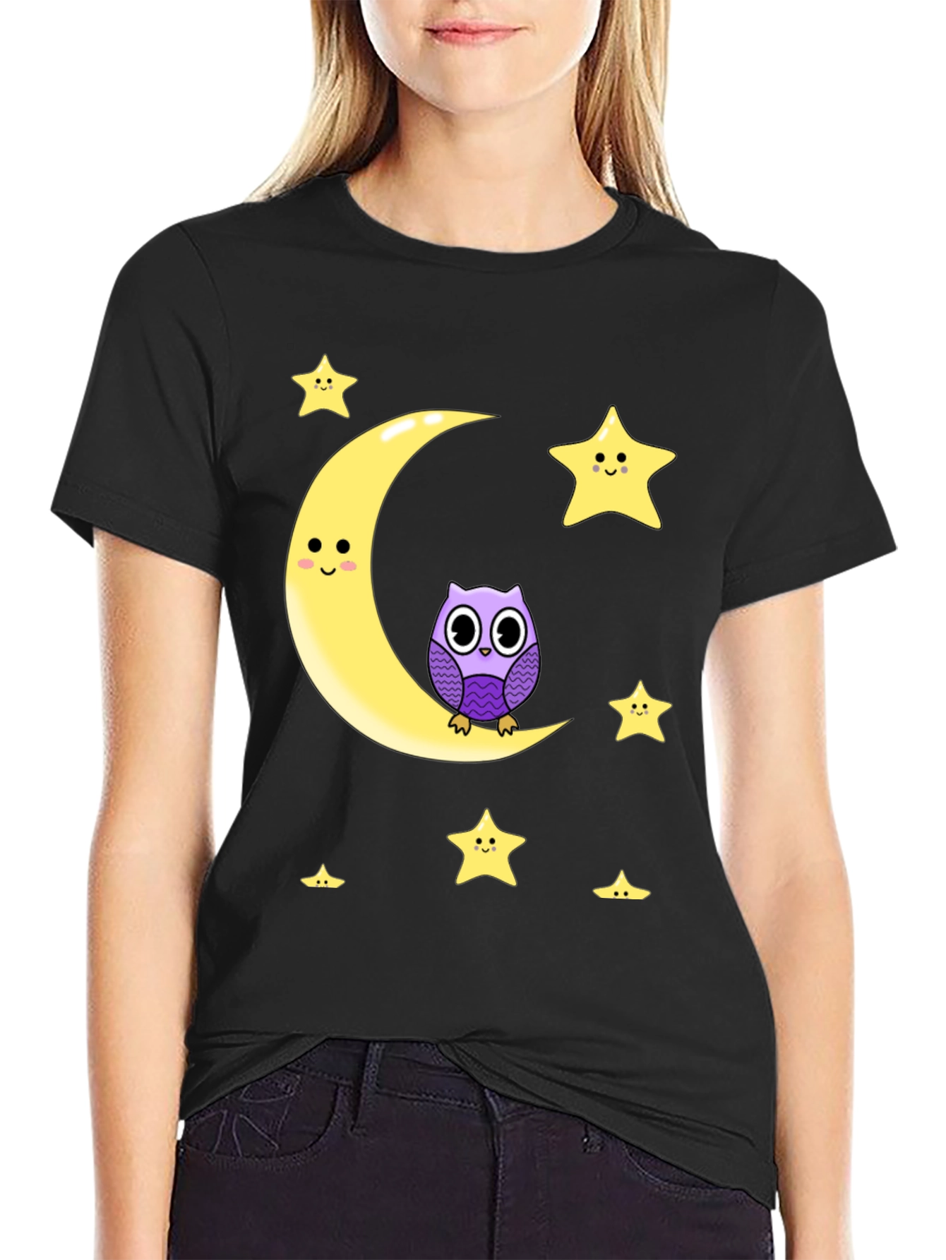Black Cute Owl on Moon Graphic T-Shirt - Black Cotton Blend view 2