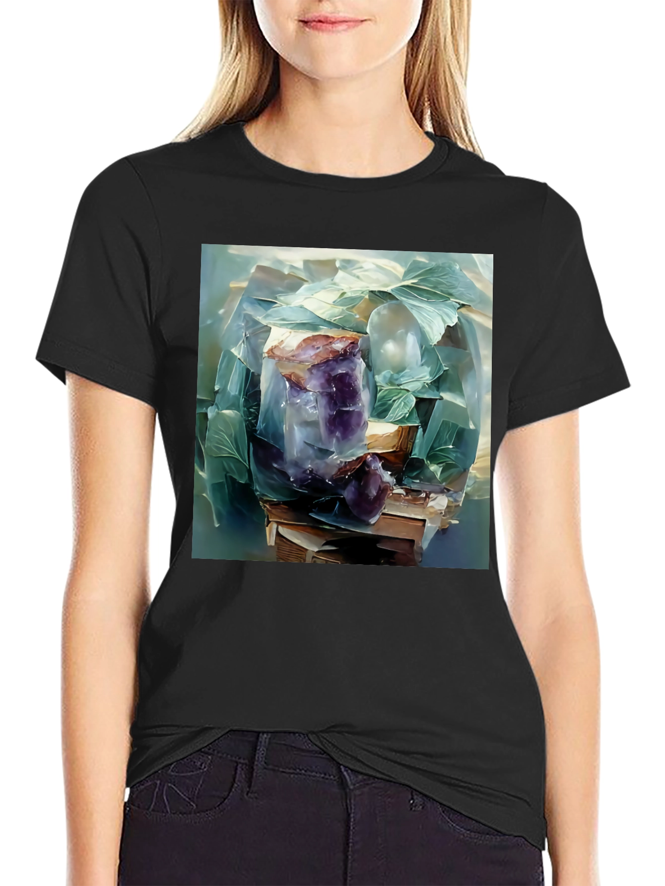 Black Amethyst Crystal Stack T-Shirt - Artistic Graphic Tee view 2