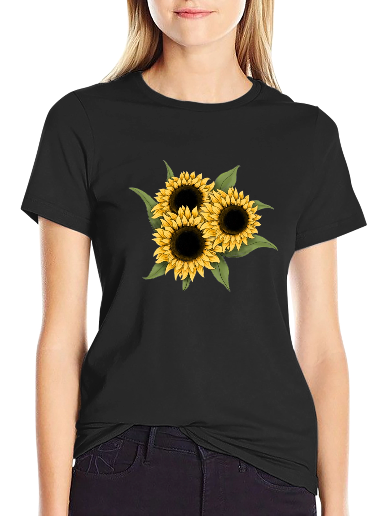Black Sunflower Graphic Tee - Black Cotton Casual T-Shirt view 2