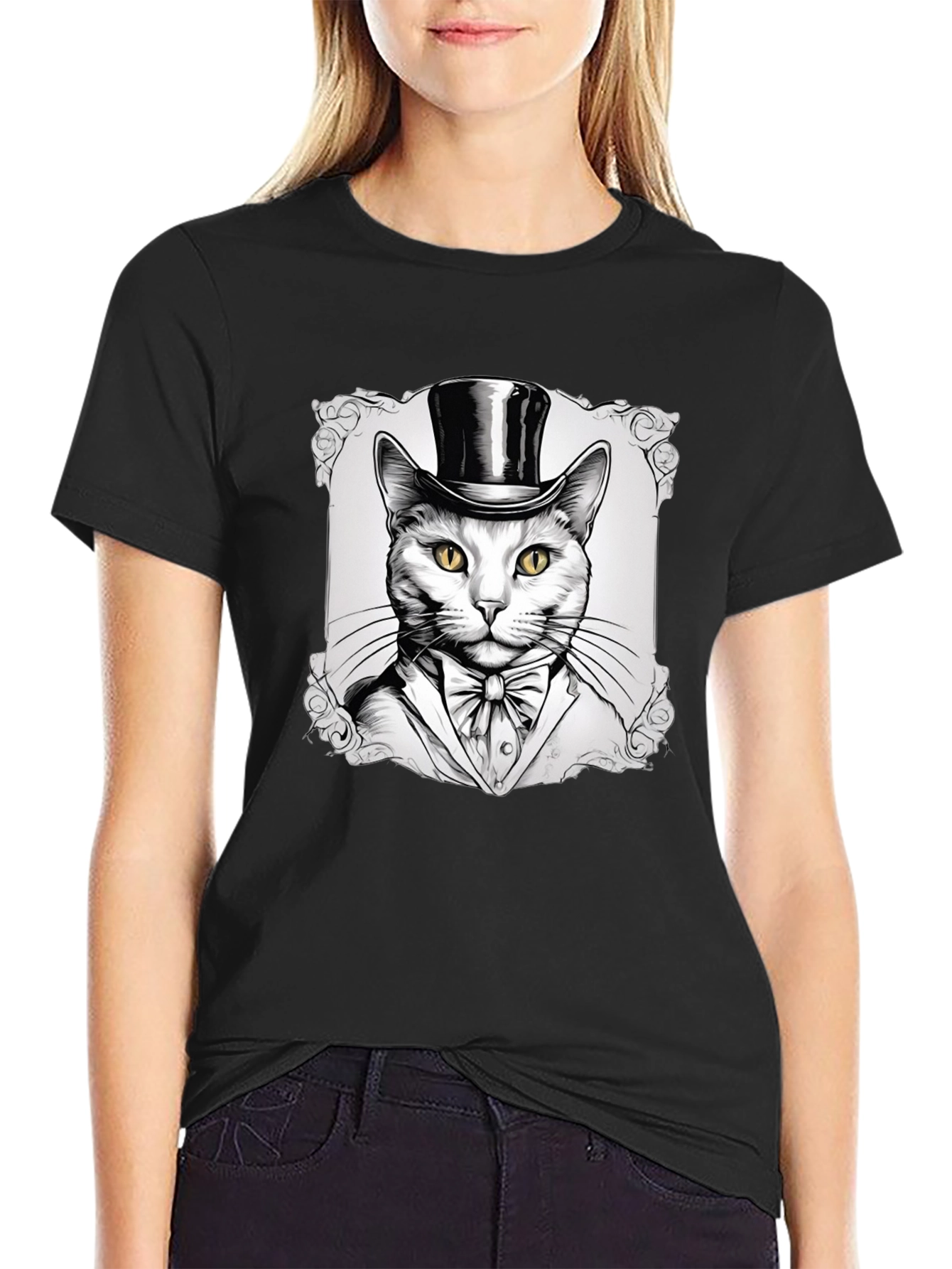 Black Top Hat Cat Graphic T-Shirt - Stylish Feline Design view 2