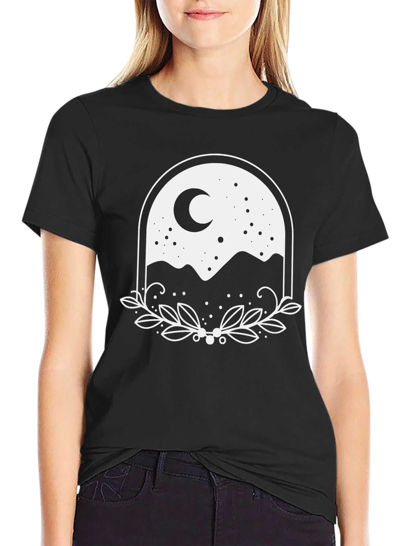 Black Nature Moon Graphic Tee - Black Cotton T-Shirt view 2