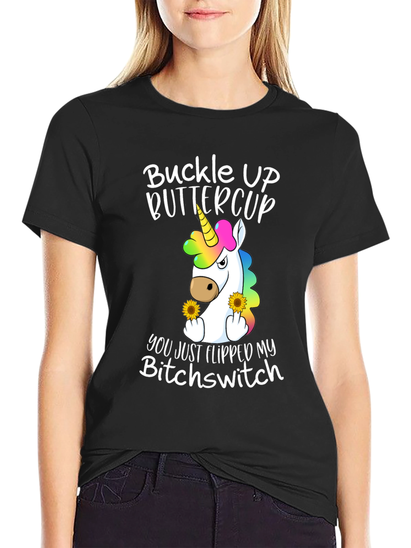 Black Buckle Up Buttercup T-Shirt - Unicorn Flipping You Off view 2
