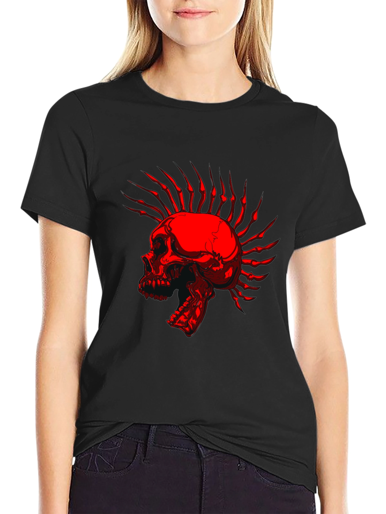 Black Skull Mohawk Graphic T-Shirt - Edgy Style view 2