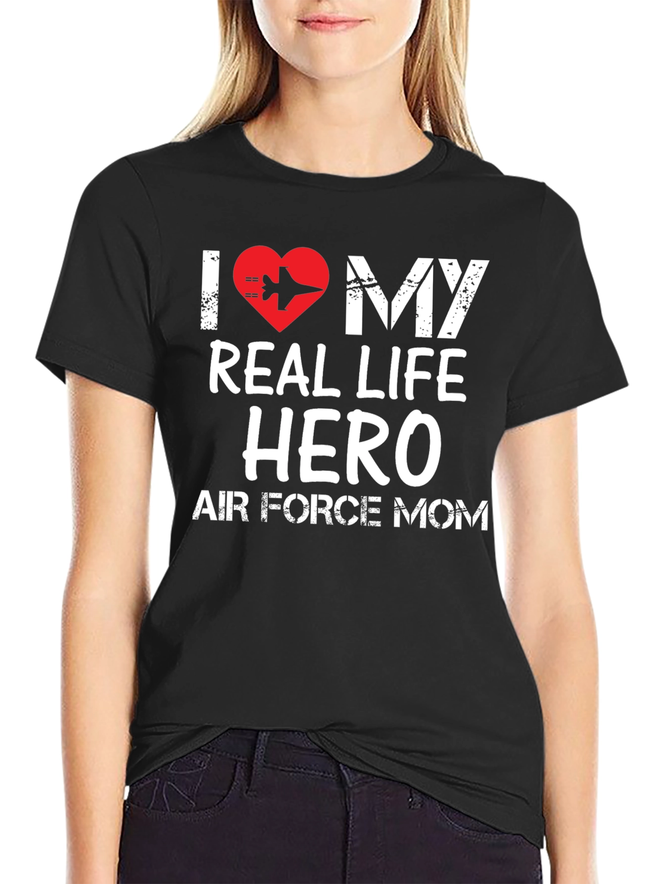 Black I Love My Real Life Hero Air Force Mom T-Shirt view 2