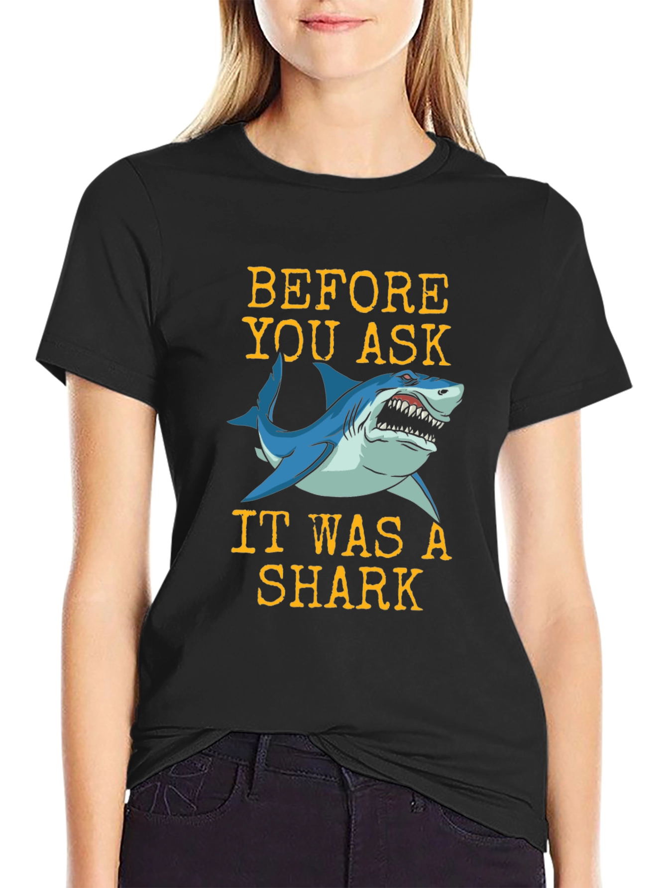 Black Funny Shark Bite T-Shirt - Before You Ask Graphic Tee view 2
