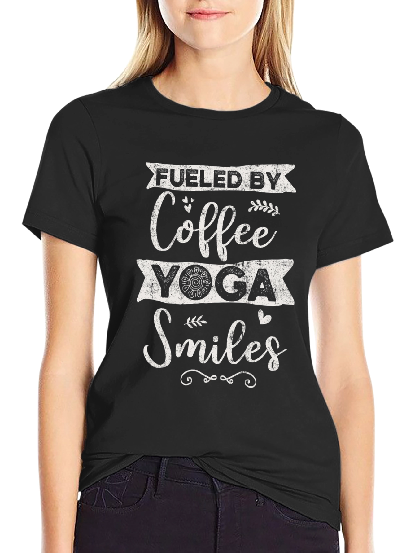 Black Fueled By Coffee, Yoga, and Smiles T-Shirt view 2
