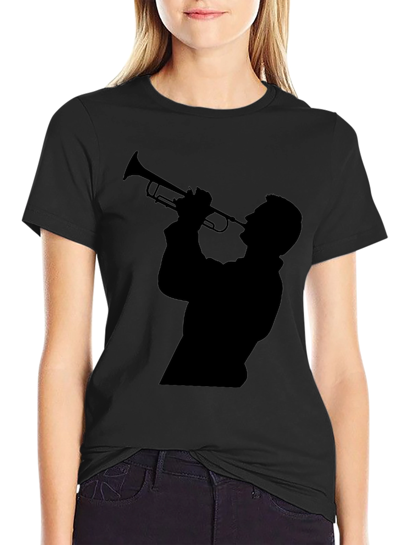 Black Trumpet Player Silhouette Black T-Shirt view 2