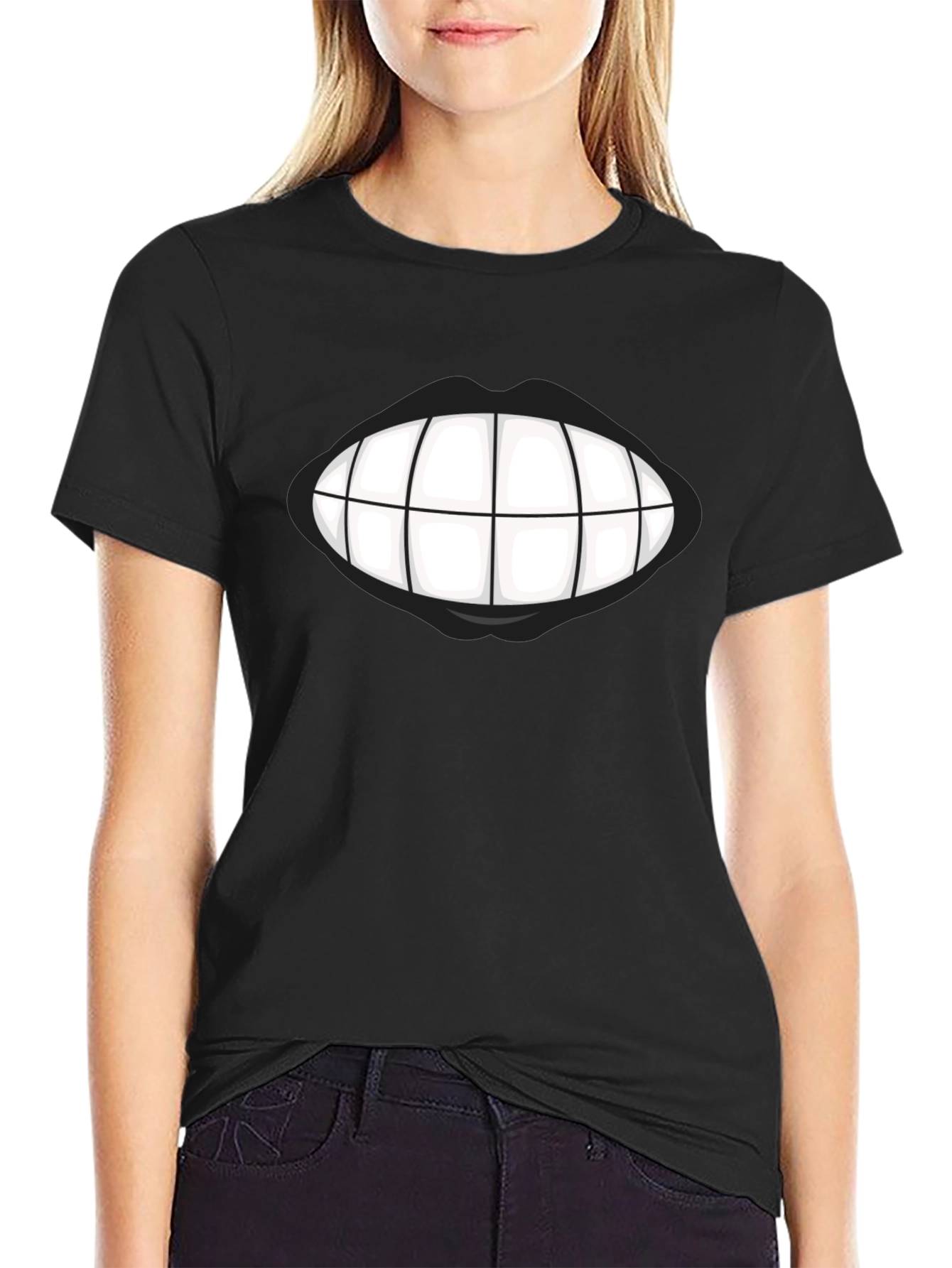 Black Grinning Teeth Graphic Tee - Bold Black T-Shirt view 2