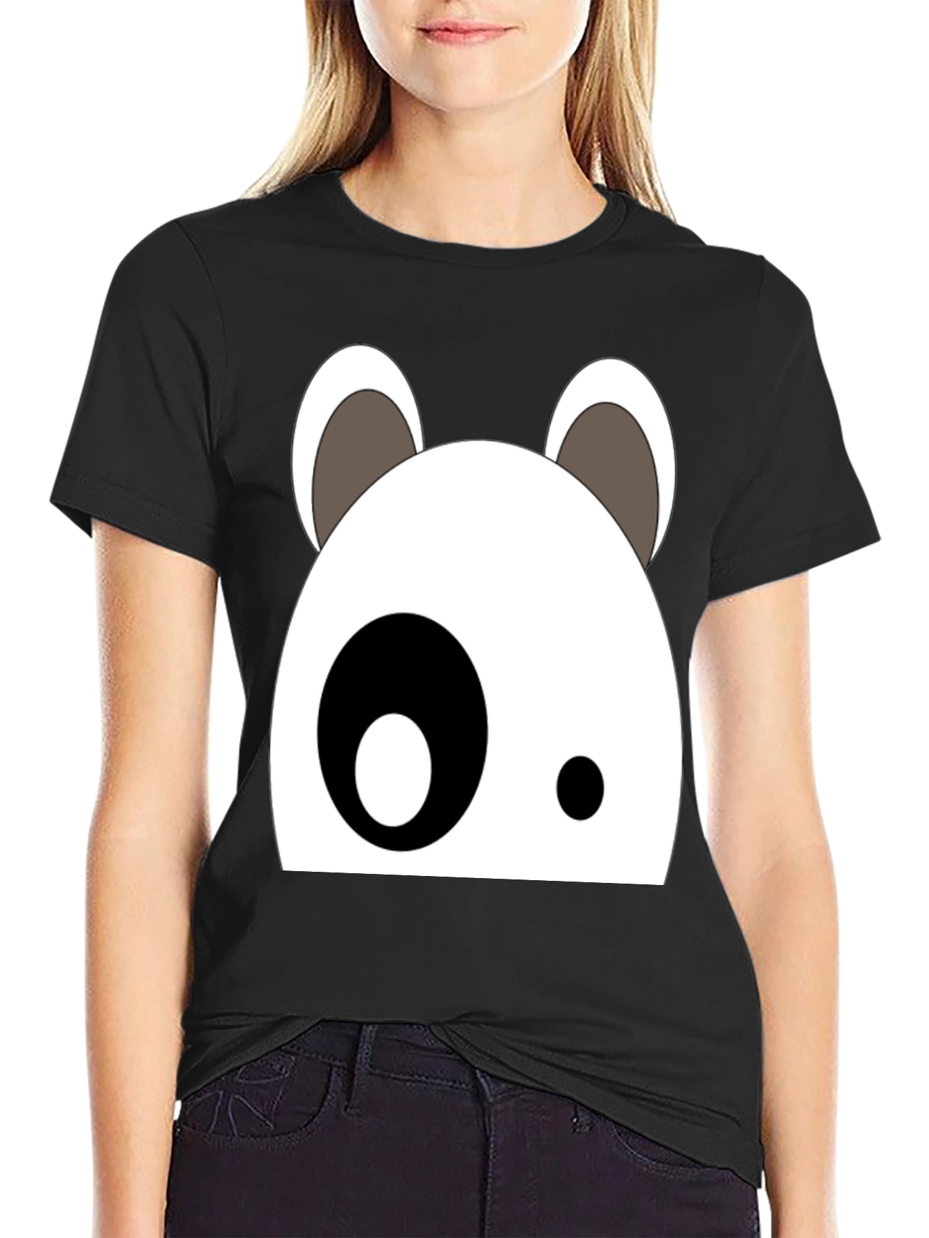 Black Cartoon Panda Face Black Graphic Tee view 2