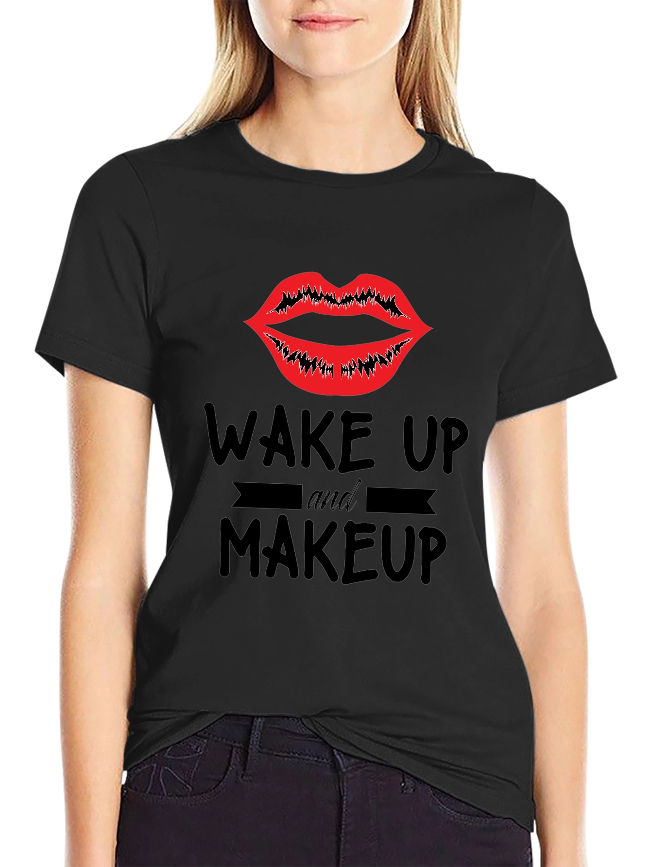Black Wake Up & Makeup Graphic Tee - Unisex Black T-Shirt view 2