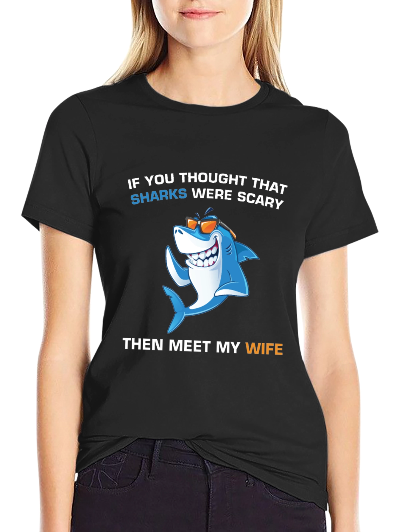 Black Funny Shark Wife T-Shirt view 2