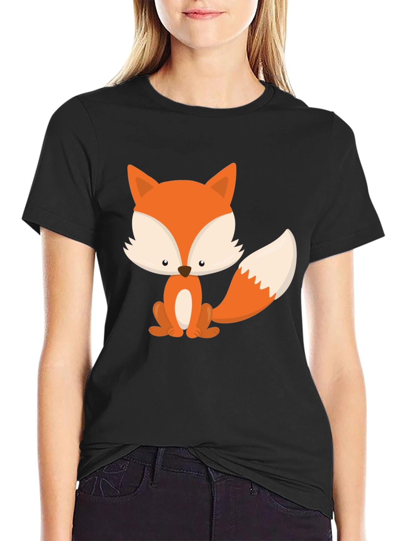 Black Cute Fox Graphic Tee - Black Cotton Blend view 2