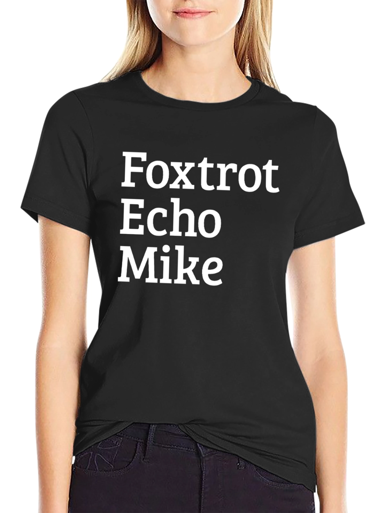 Black Foxtrot Echo Mike T-Shirt - Bold Military Alphabet Design view 2