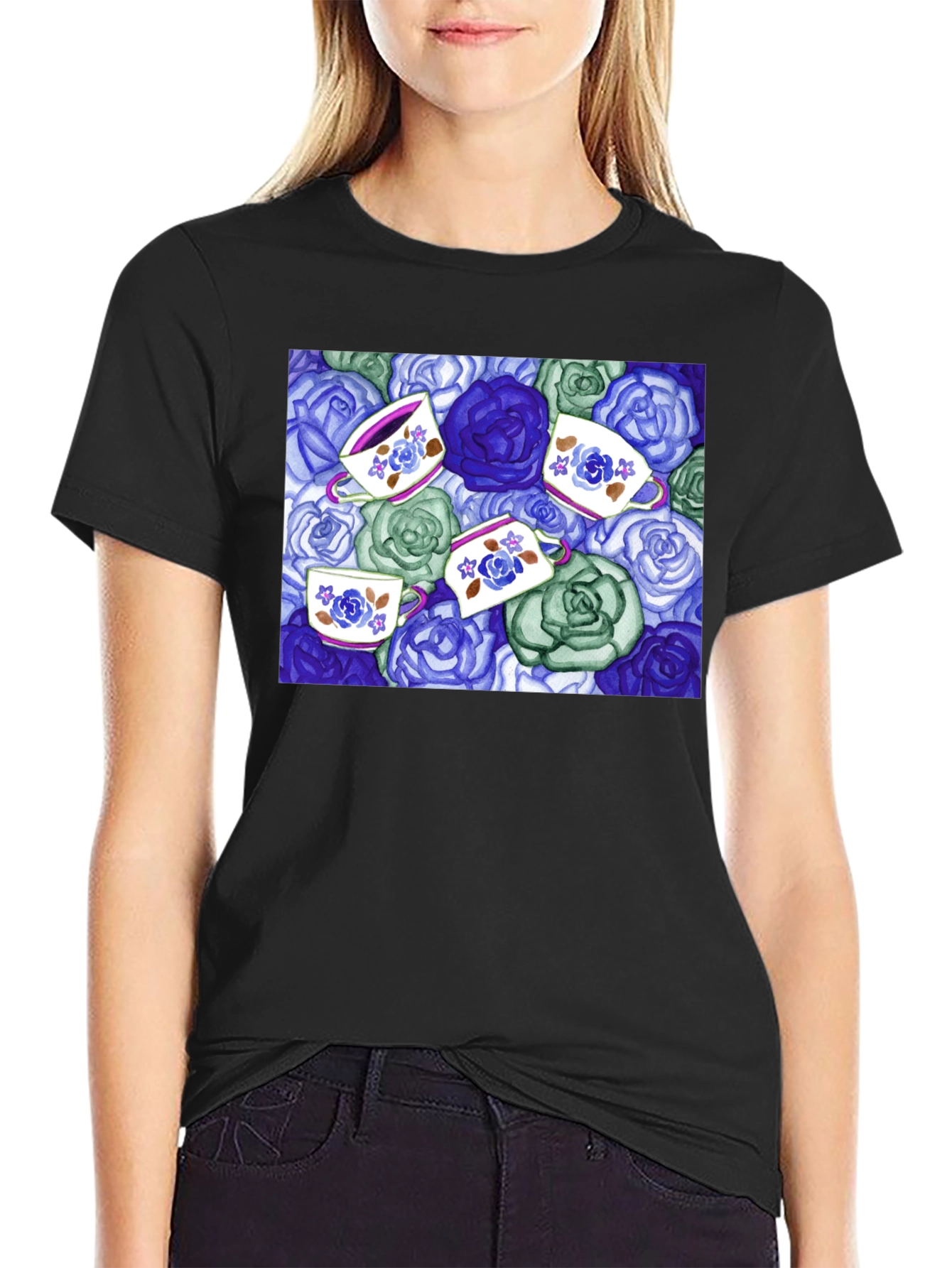 Black Floral Tea Cup T-Shirt - Unique Design view 2