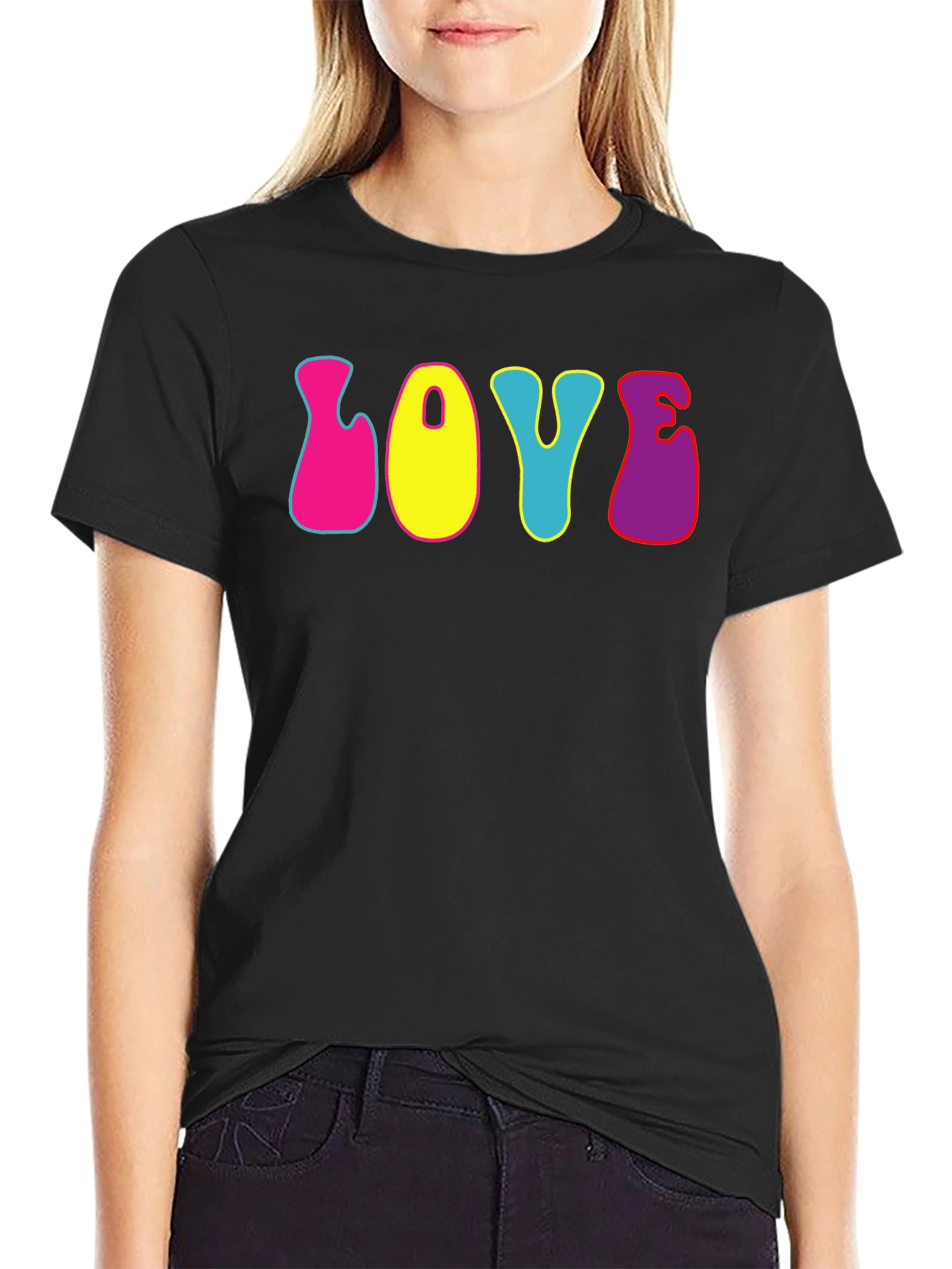 Black Retro "Love" Graphic Tee - Black Cotton T-Shirt view 2