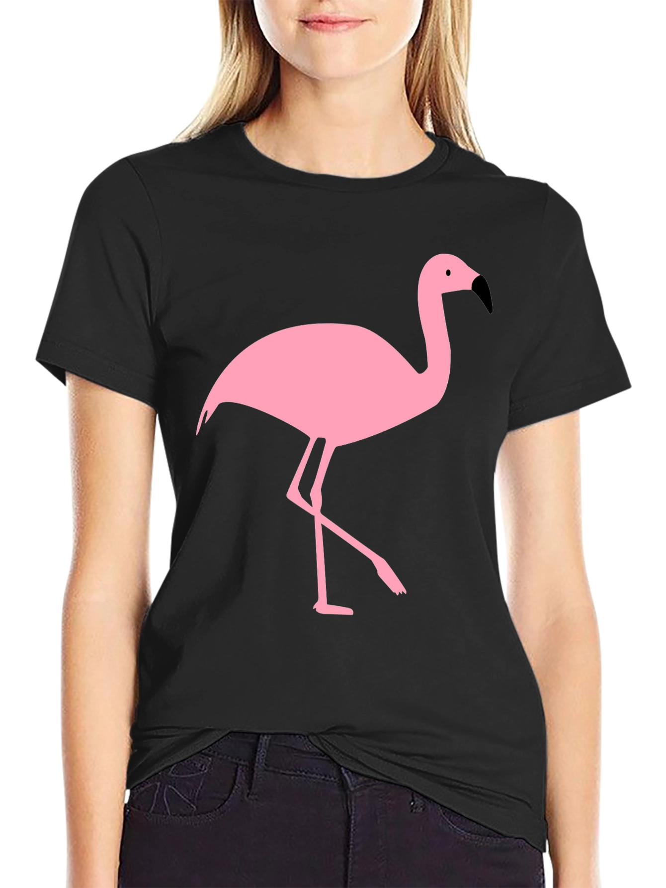 Black Black T-Shirt with Pink Flamingo Graphic view 2