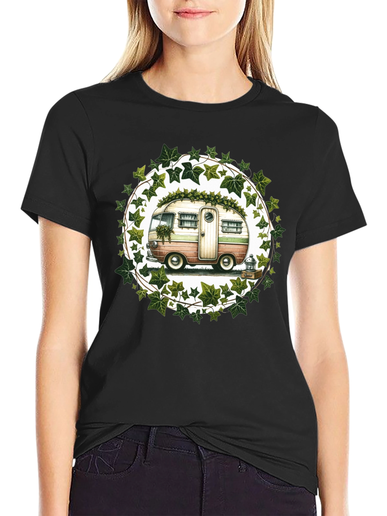 Black Vintage Camper T-Shirt: Nature Lover's Tee view 2
