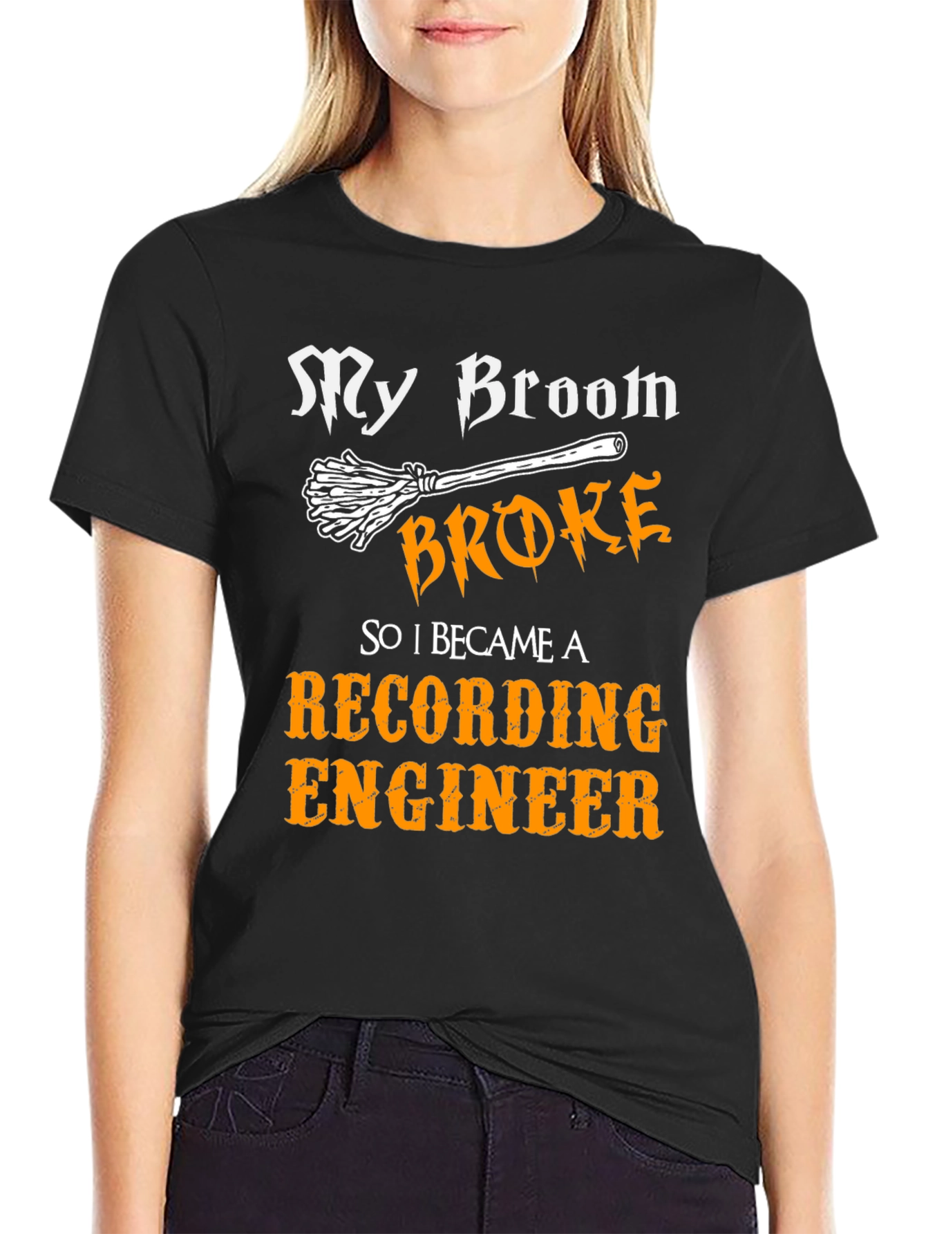Black Funny Recording Engineer T-Shirt - My Broom Broke view 2