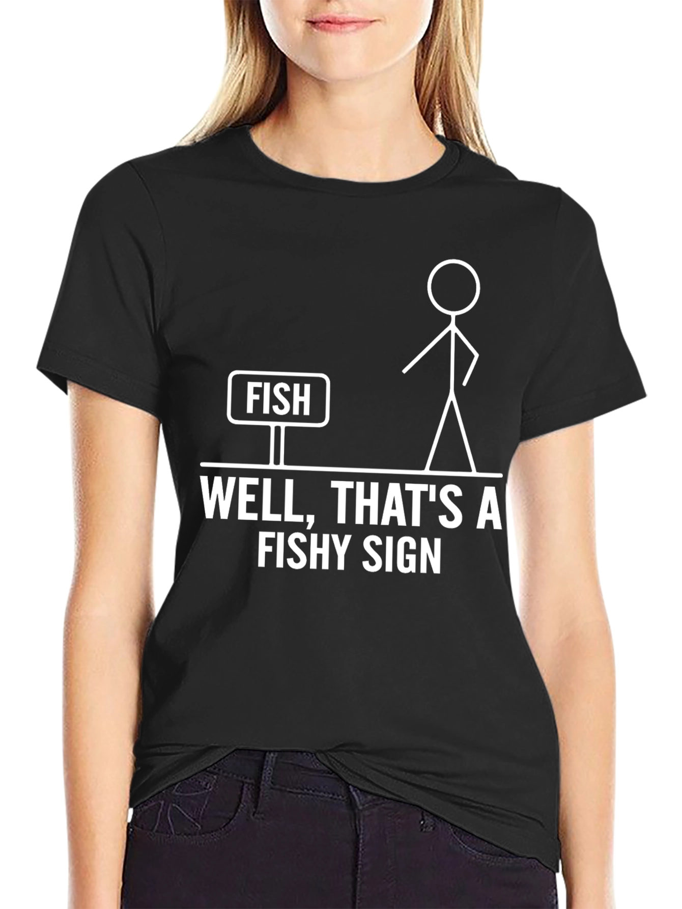 Black Funny "Fishy Sign" Graphic Tee - Black Cotton T-Shirt view 2