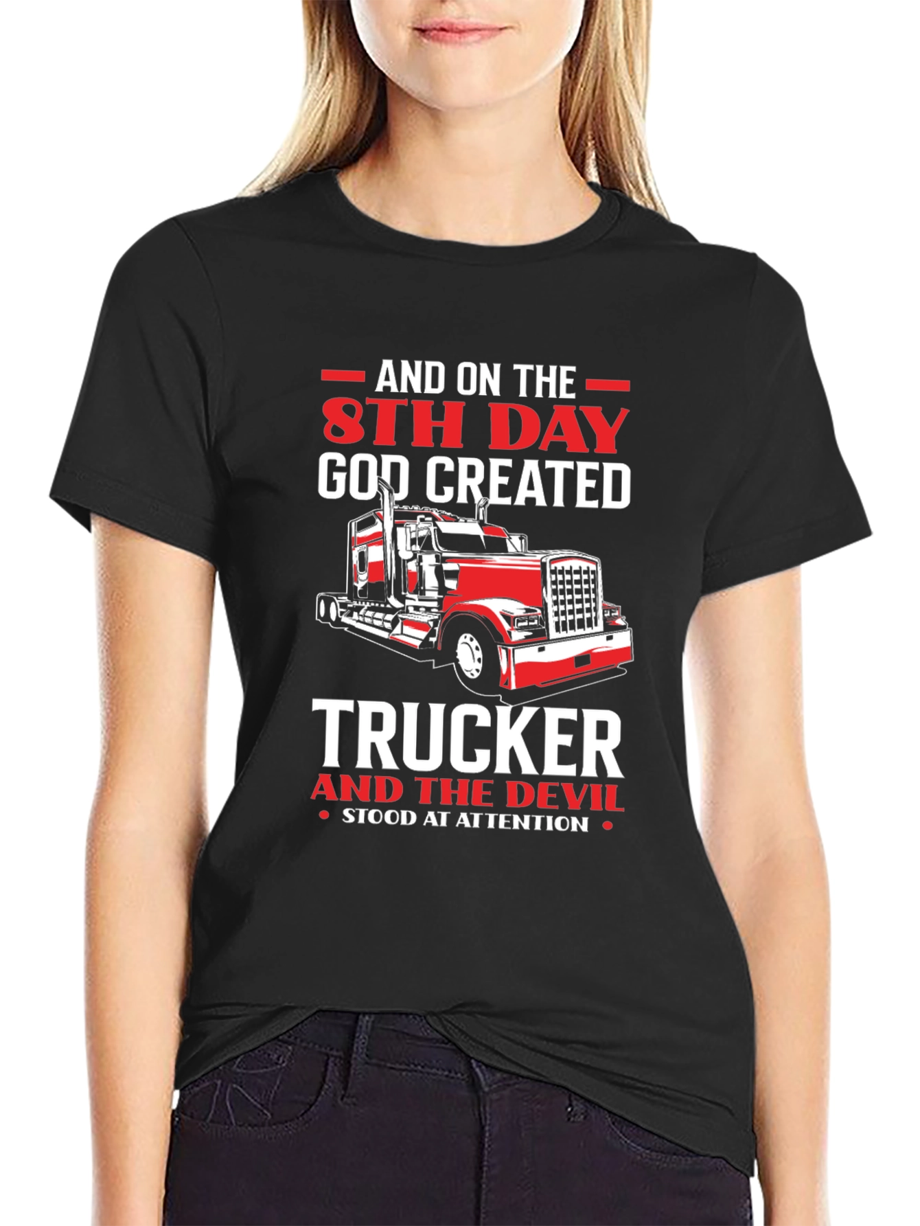 Black Trucker T-Shirt - 8th Day God Created Trucker view 2