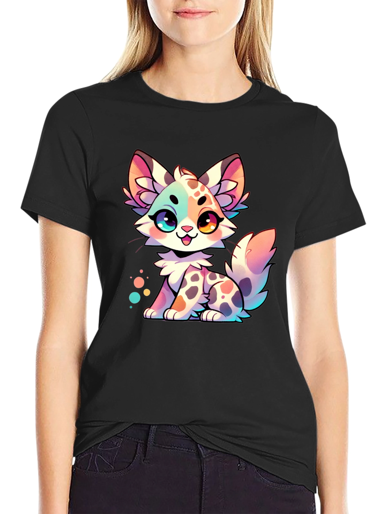 Black Cute Cartoon Kitten Graphic Tee view 2
