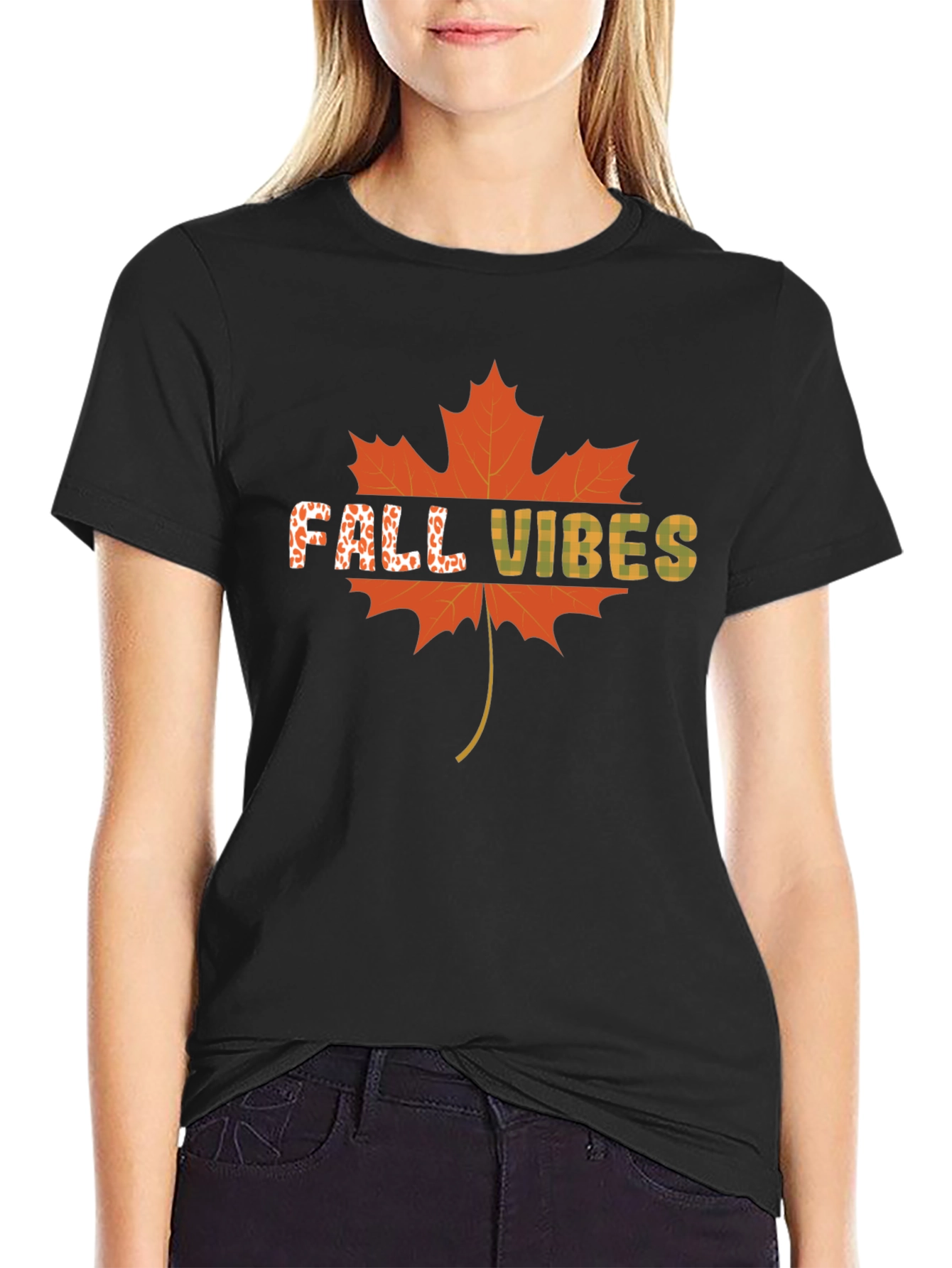 Black Fall Vibes Maple Leaf Graphic T-Shirt view 2