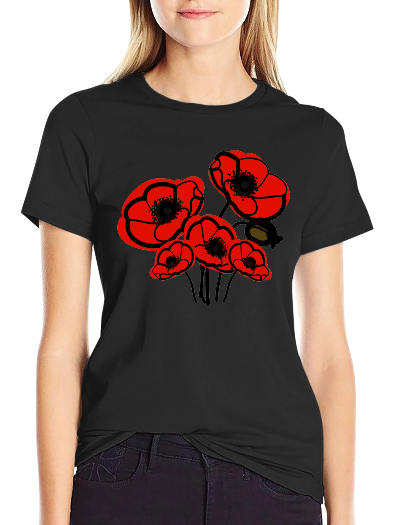 Black Floral Poppy Graphic Tee - Black view 2
