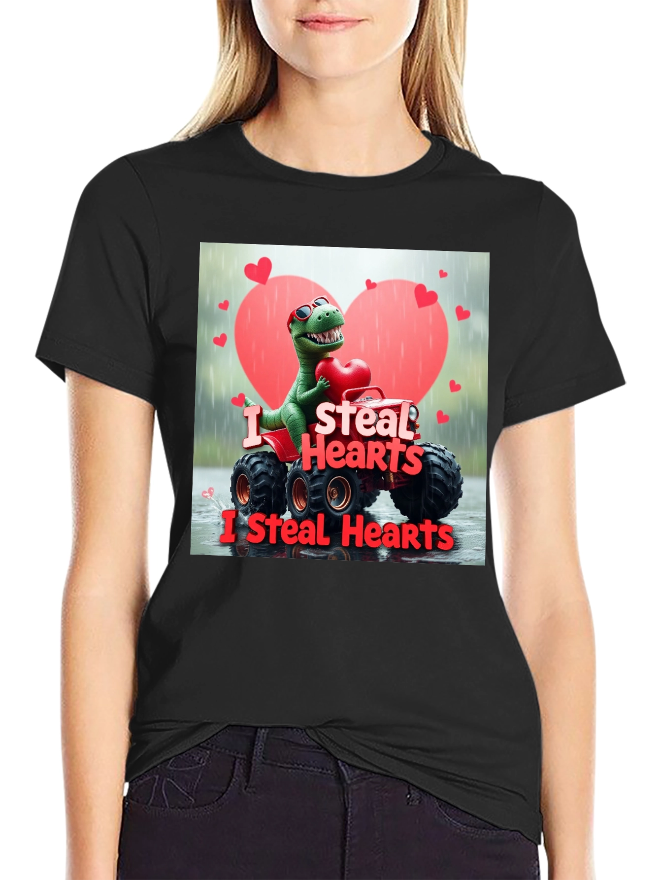 Black I Steal Hearts Dinosaur Monster Truck Valentine's Day T-Shirt view 2