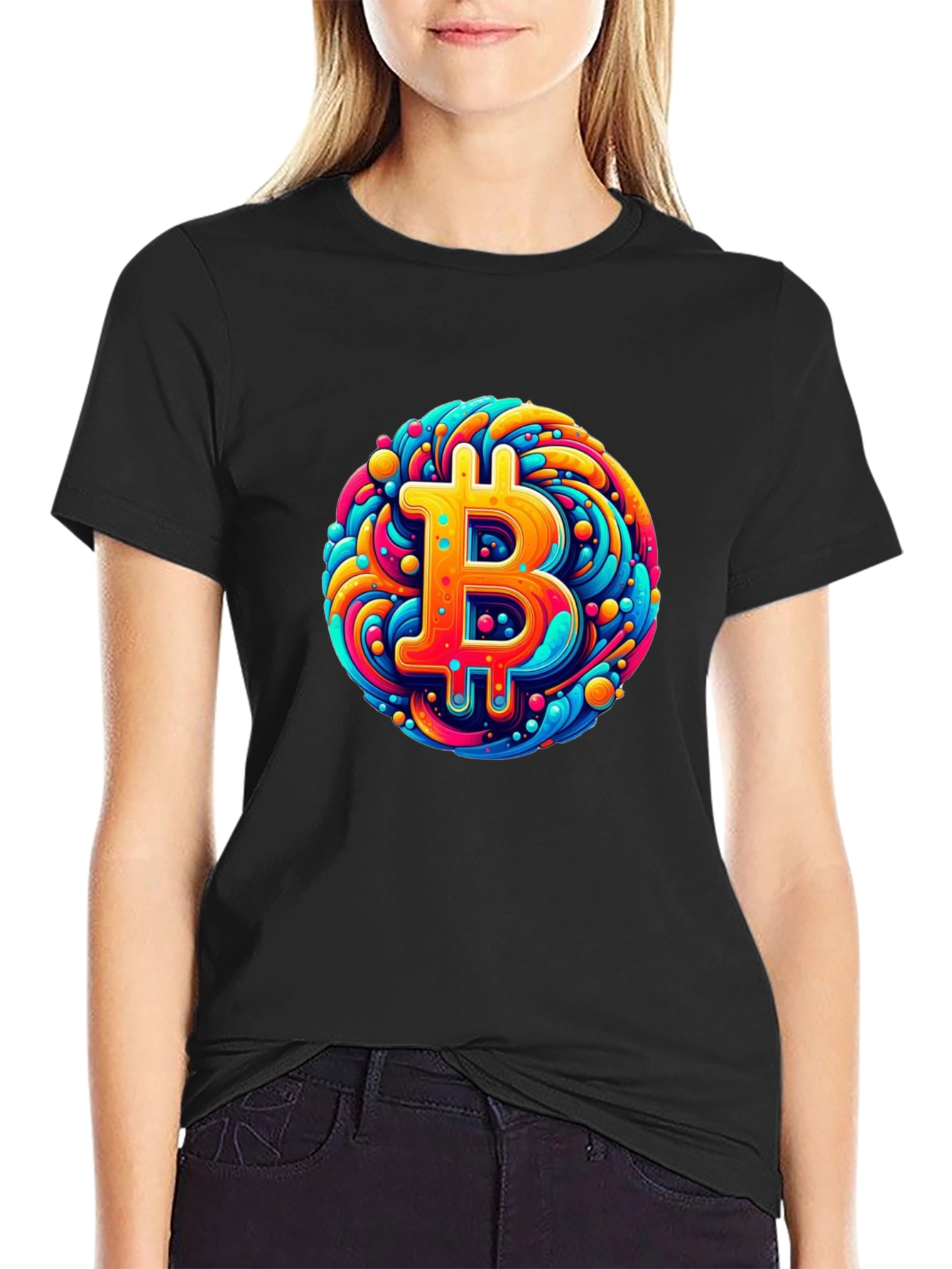 Black Bitcoin Art T-Shirt - Crypto Swirl Design view 2