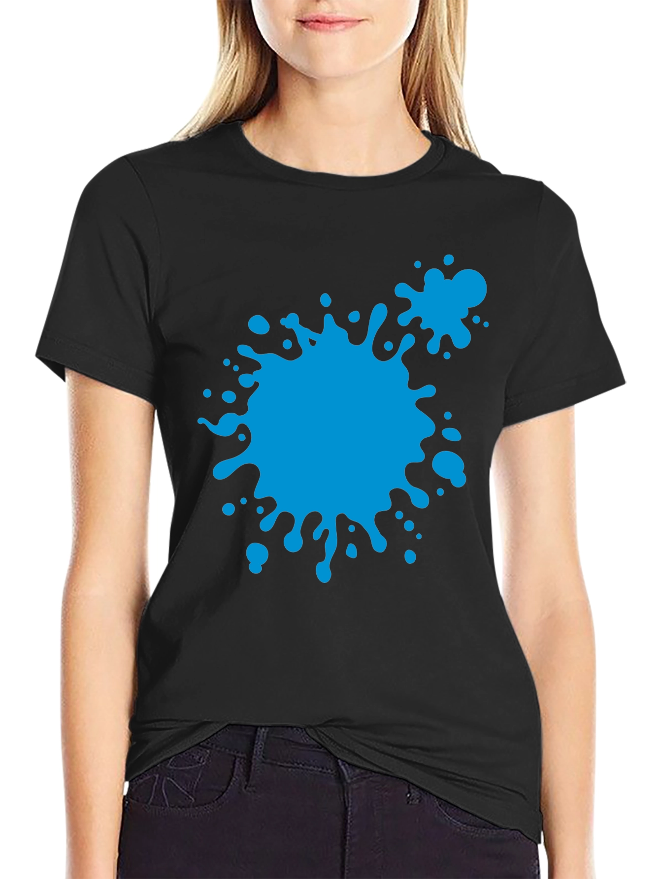 Black Abstract Blue Paint Splatter Black T-Shirt view 2