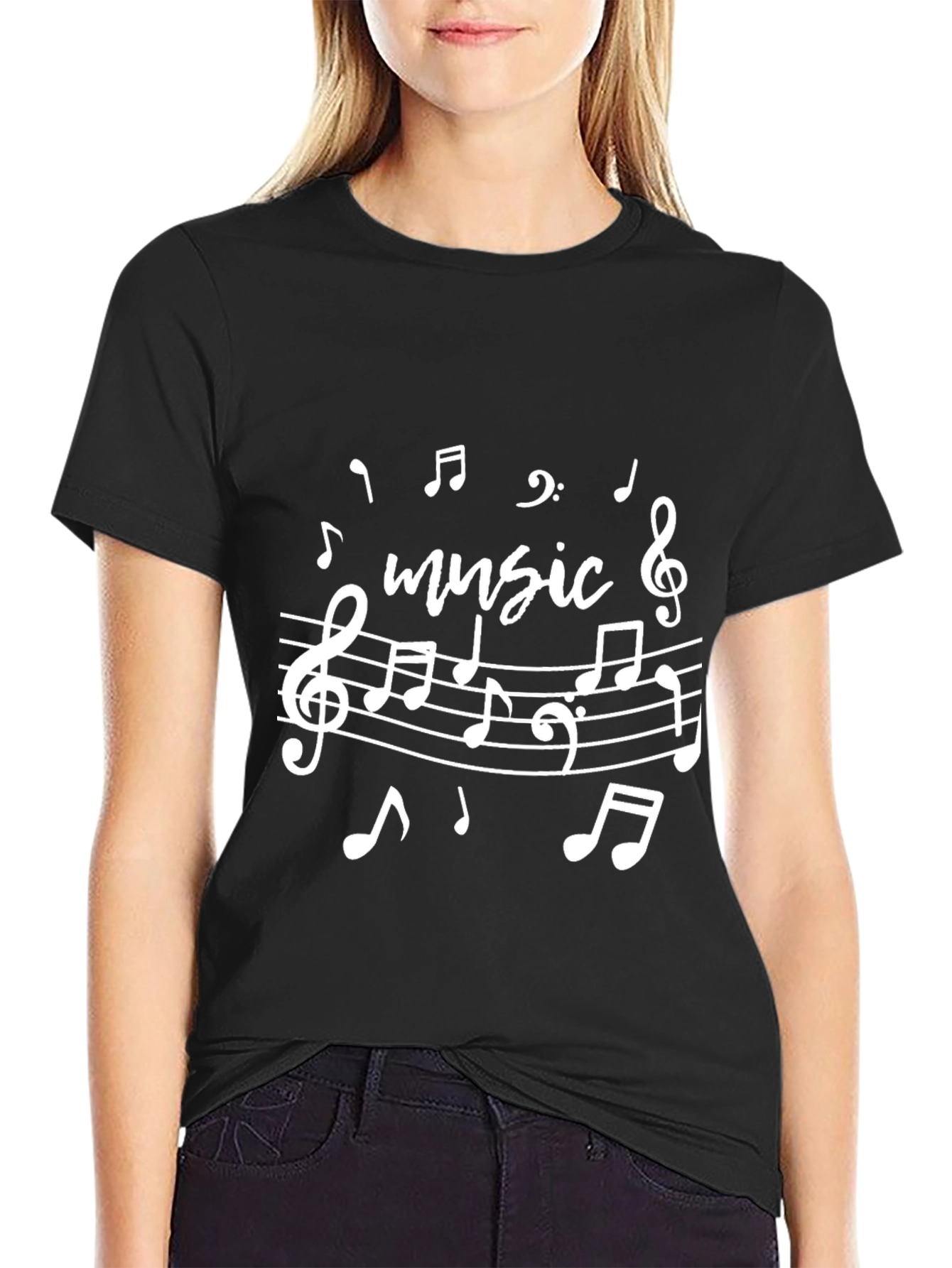 Black Music Notes Graphic Print Crew Neck T-Shirt view 2