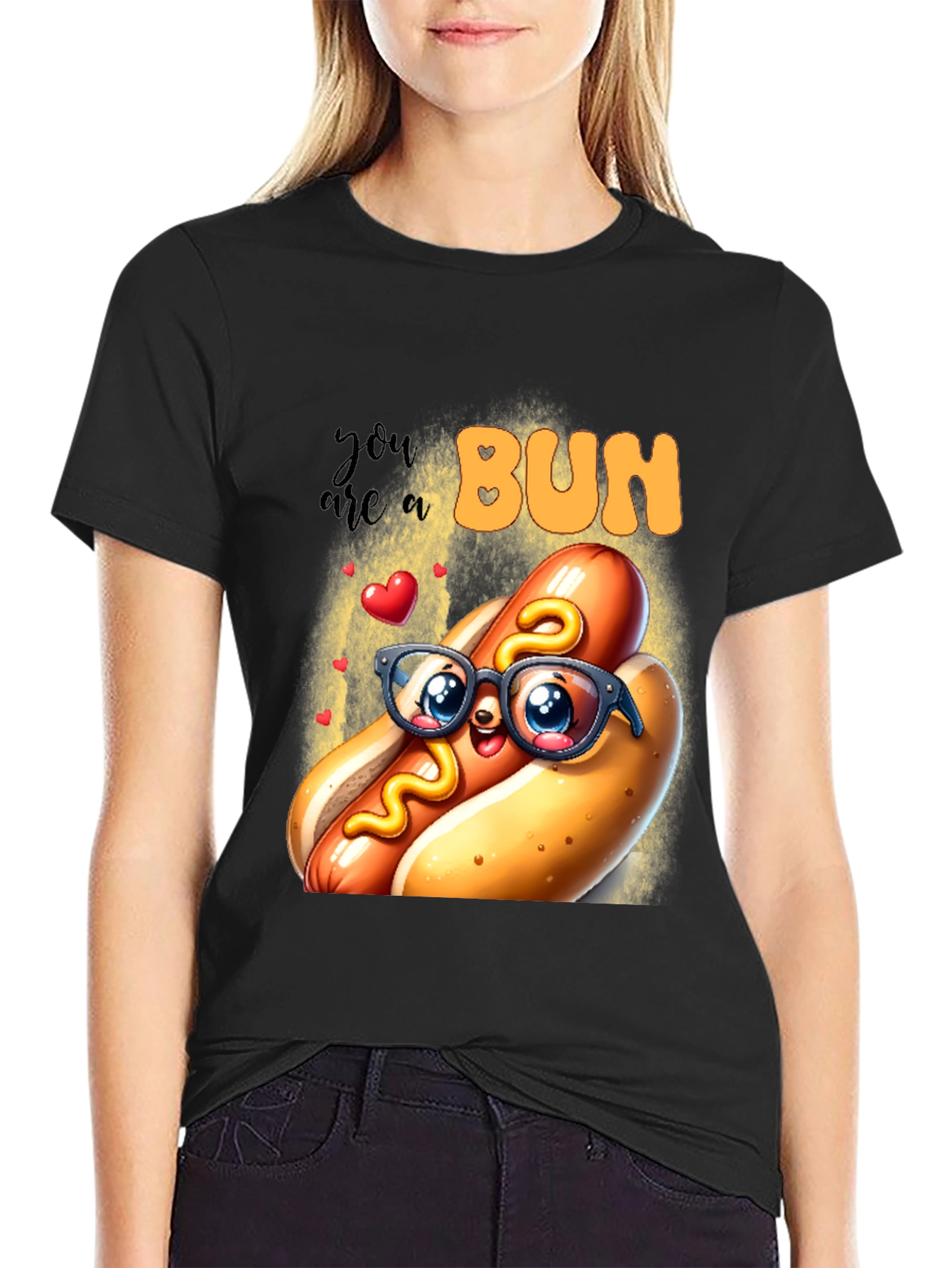 Black Cute Hotdog Graphic T-Shirt - "You are a Bun" view 2